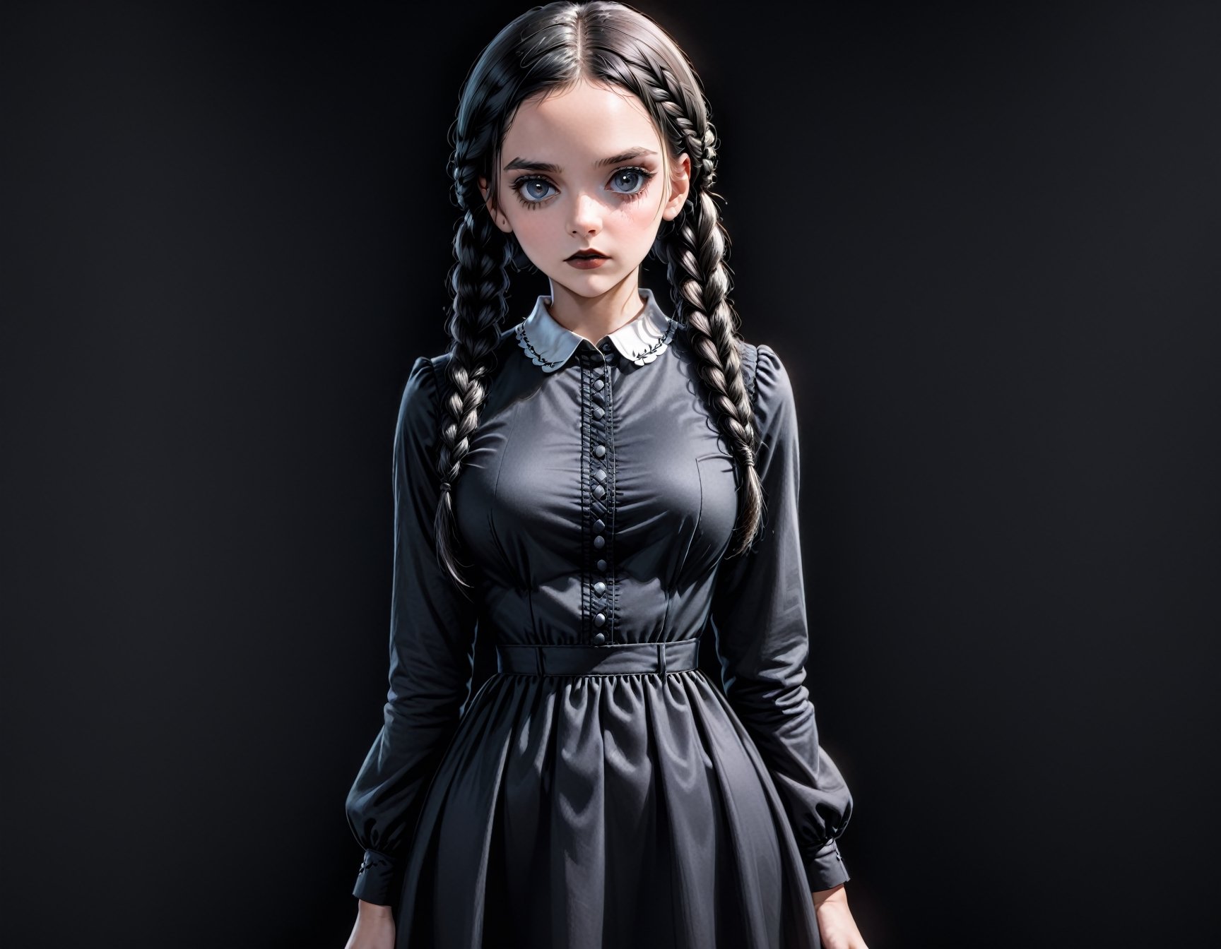 1girl, solo, black lips, black hair, dress, black dress, black nails, black eyes, crossed arms, black background, braid, black theme, looking at viewer, simple background, long sleeves, twin braids, bangs, long hair, dark-skinned female, collared dress, cowboy shot, dark skin, nail polish, Wednesday addams \(character \), character \(theme\),(anime)