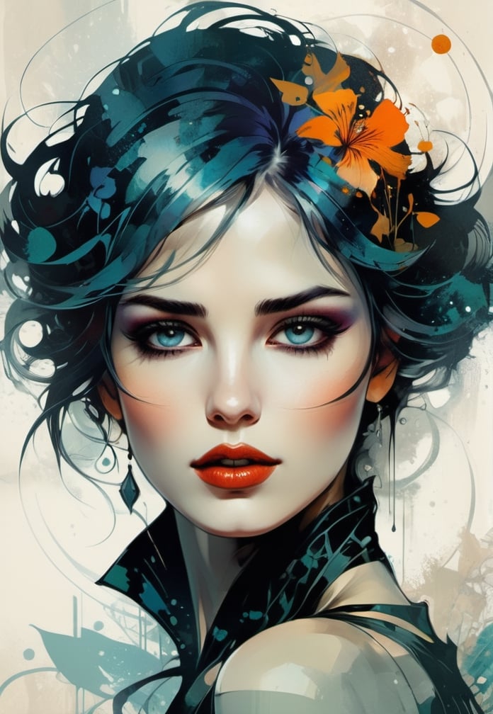 Art nouveau style. Beautiful woman. fine detail, atmospheric, vivid tones, sharp focus, sharp edges, art by Russ Mills, fantasy, dreamy, vector illustration, 2d flat, art nouveau. centered, by Tim Burton, professional, sleek, modern, minimalist, graphic, line art, vector graphics,SDXL,Real