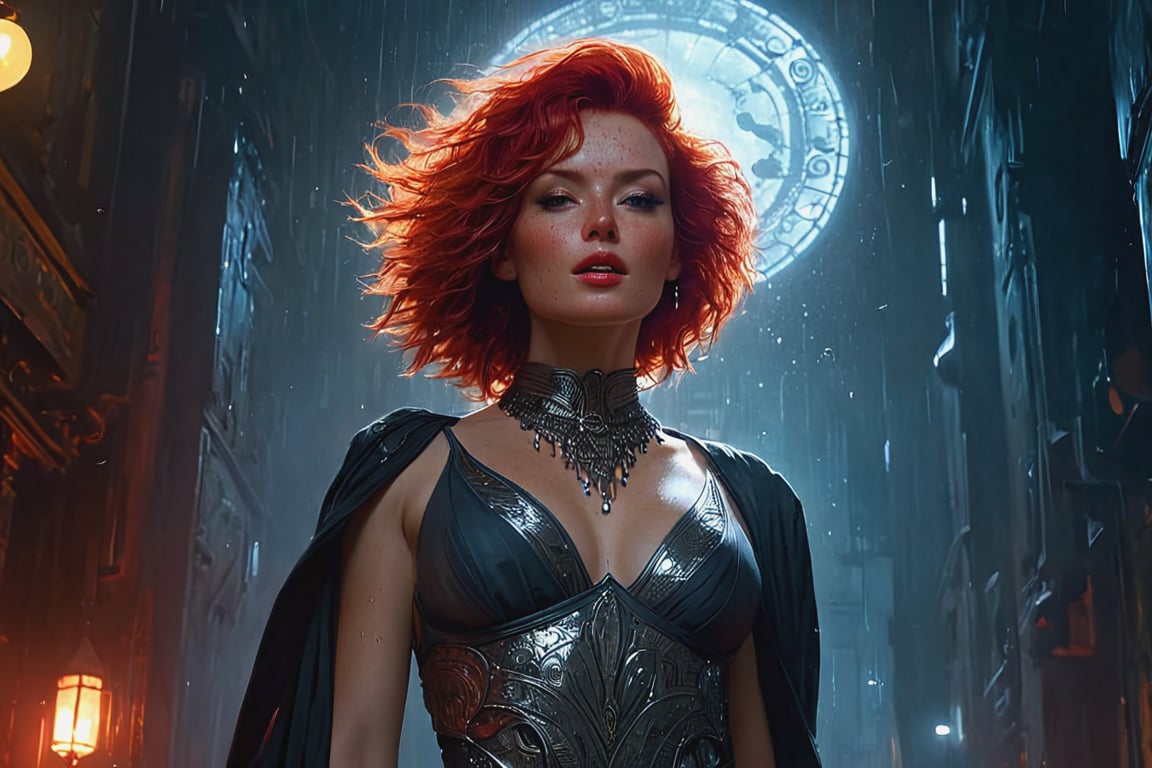 Queen of the night, goddess, Red hair, predatory look, by adrianus eversen and pascal blanche and rutkowski repin and Jean-Baptiste Monge and wlop, natural red hair, an ultra hd detailed painting, digital art, dust particles, beautiful, glittering, filigree, rim lighting, lights, extremely magic, surreal, fantasy, digital art, drops, artgerm and james jean, cinematic, by pascal blanche, rutkowski repin, artstation, hyperrealism painting, concept art of detailed character design, matte painting, 8K resolution, blade runner
