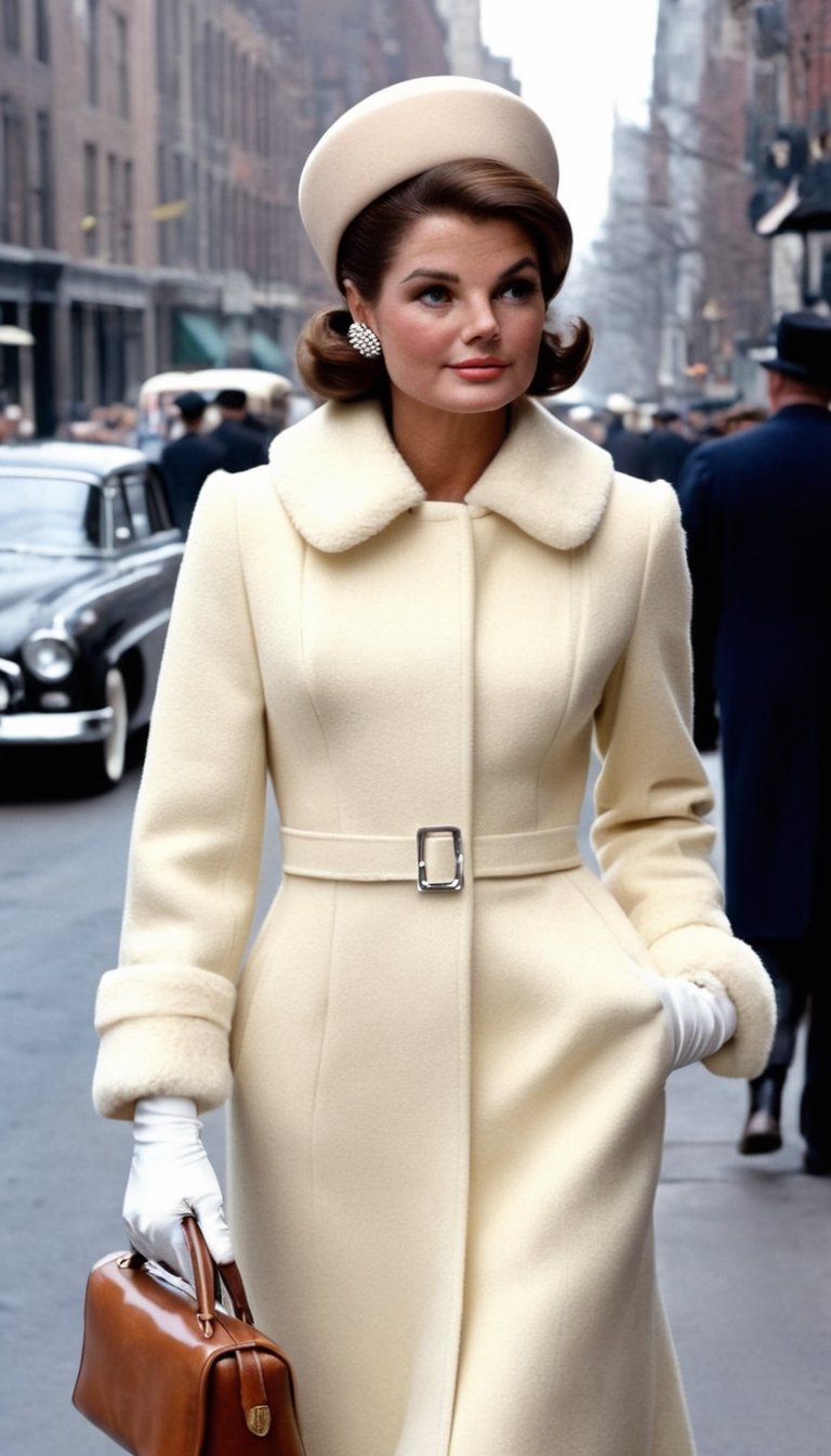 A detailed 60's era image of a perfect medium-busted woman wearing a stylish Jackie Kennedy-inspired pillbox hat, gloves and an A-line coat, walking down a bustling city street with classic cars and antique shop windows, Taken with a mirrorless camera using a standard lens.