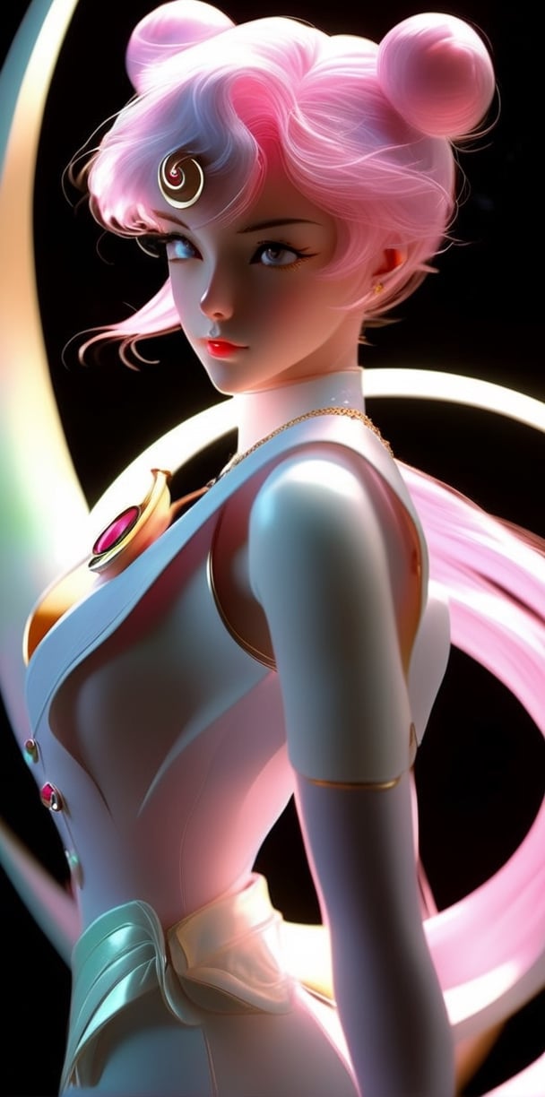  Lady Serenity, handsome expression,Sailor Moon, beautiful girl,  medium breast pink hair,sailor suit,Double tail, elegant, detailed,blind box,fluorescence,bright light, clay material,precision mechanical parts, close-up intensity, bright light, material precision chase close parts 3 detailed,3d, ultra-detailed, C4D, octane rendering, Blender --style expressive