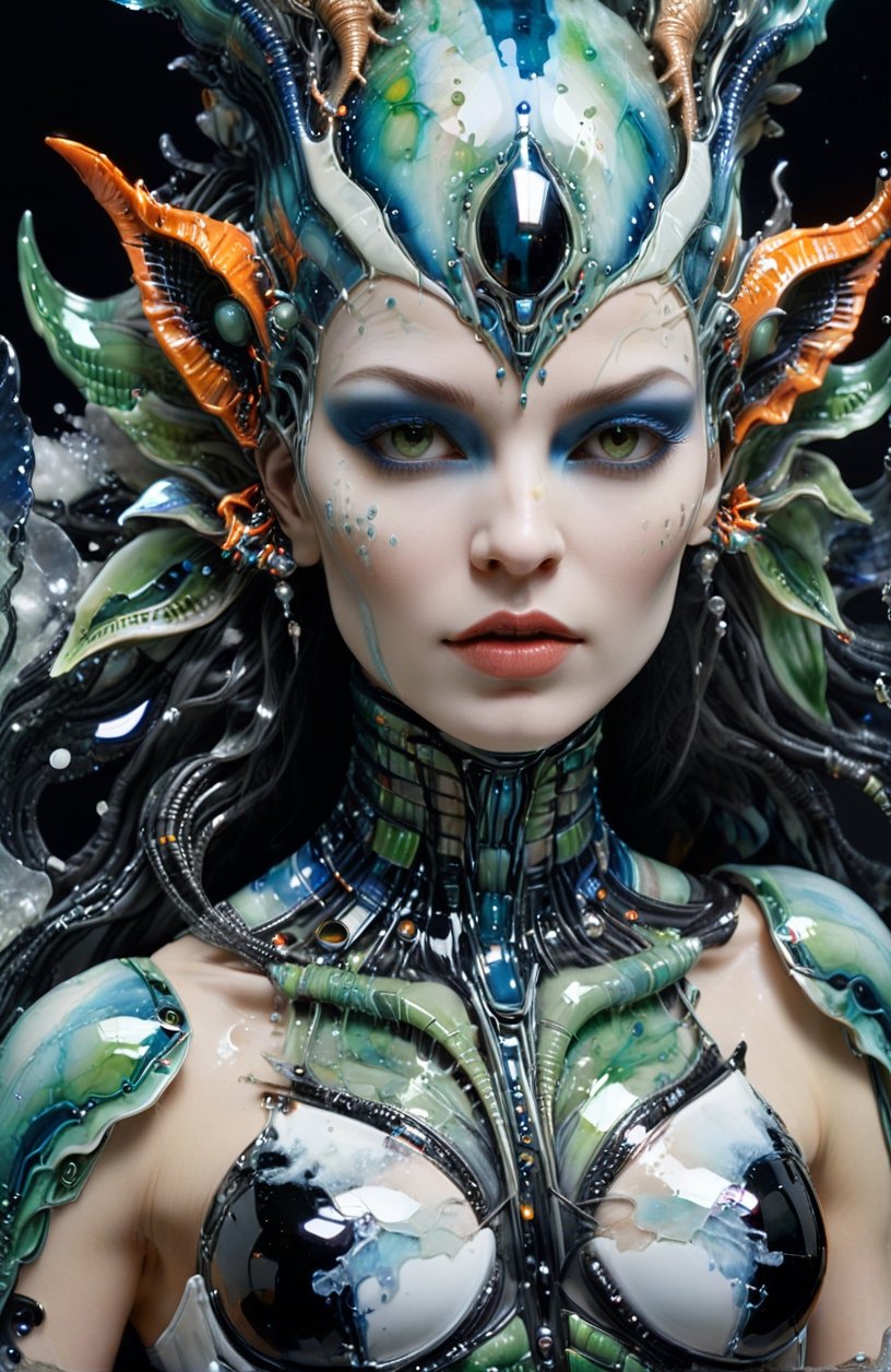 A portrait of terraforming semi-cyborg gaia alien woman from Saturn, by h. r. giger and Dan Maitz, intricately embedded within a sea of broken porcelain. The porcelain glistens with splatter paint patterns in a harmonious blend of glossy and matte blues, greens, oranges, and reds full colors. Her skin tone, a light hue like the porcelain, 8k, highly detailed, high contrast, stunning, masterpiece, Broken Glass effect, no background, stunning, something that even doesn't exist, mythical being, energy, molecular, textures, iridescent and luminescent scales, breathtaking beauty, pure perfection, divine presence, unforgettable, impressive, breathtaking beauty, Volumetric light, auras, rays, vivid colors reflects
,cyborg style