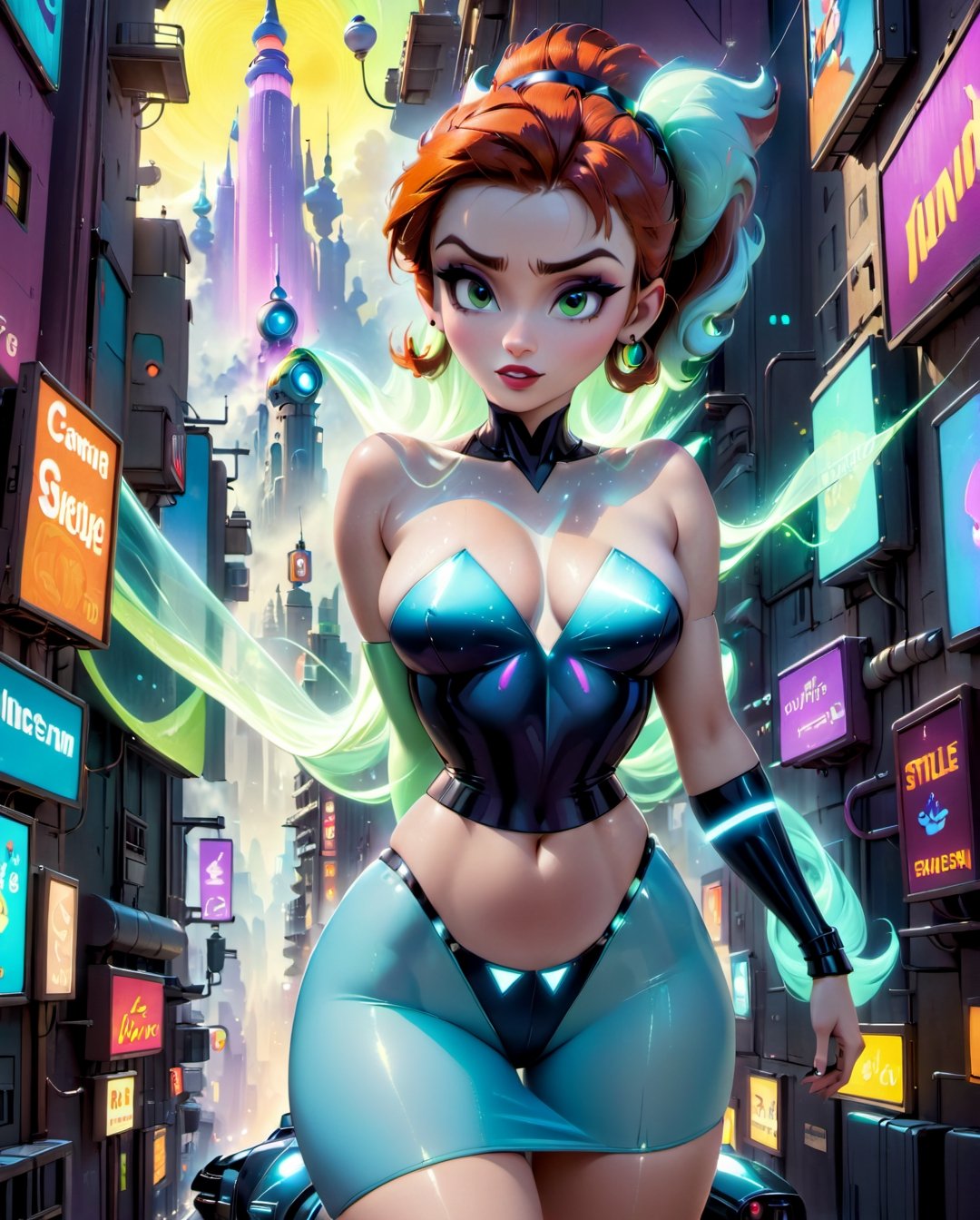 Judy Jetson-inspired woman in a futuristic cityscape: Wearing a retro-futuristic outfit, traversing the bustling streets of a technologically advanced city. (Camera: Medium shot capturing Judy amidst the futuristic cityscape, highlighting the innovative environment.),Leonardo Style,disney pixar style