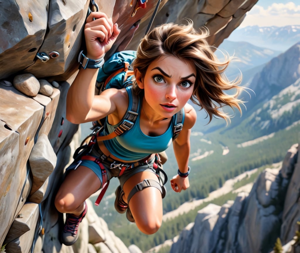 Craft a hyper-realistic image of a woman rock climbing, captured from a top-down perspective that accentuates the dizzying height and her arduous ascent. She clings to the rugged cliff face, muscles taut and fingers searching for the next hold. Her climbing gear, a harness with carabiners and quickdraws, is secure and contrasts sharply against the natural stone. Her expression is one of intense concentration and concern