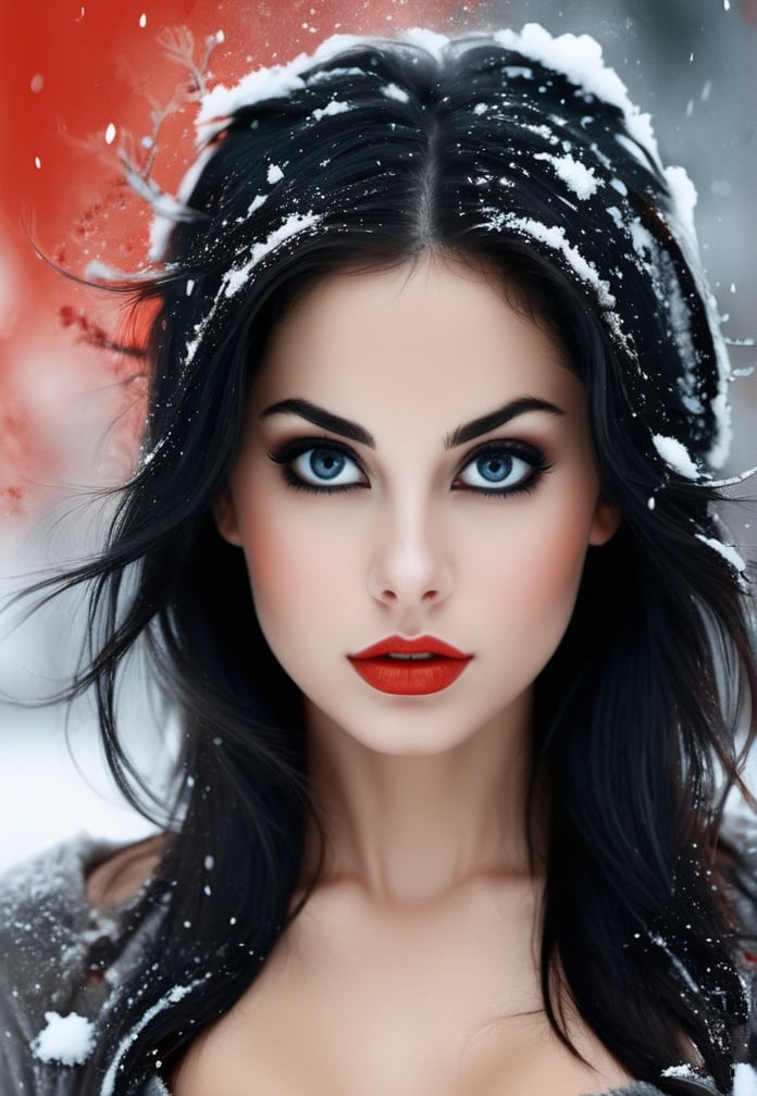 Art by Mélanie Delon, Alberto Seveso, Black rabbit in the snow, Beautiful young woman, perfect body, perfect face, digital painting, highly detailed, Big red eyes, Slim. Night, Voluminous, long black hair, Artistic dark painting.
