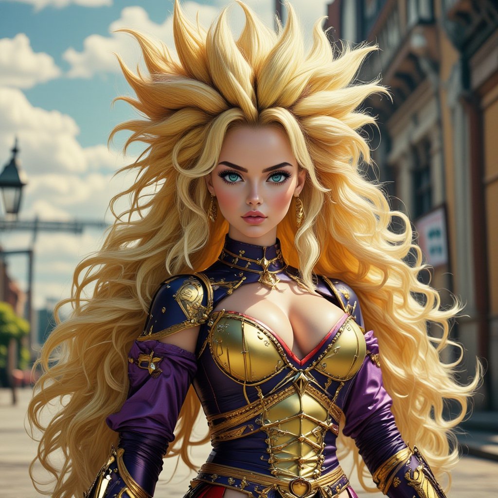 create a hyperrealistic wide-angle image of a Super Saiyan woman character with spiky golden hair and Intricate details armor,BOOREAL2,ek_ph0t0_b00ster,Anime Style