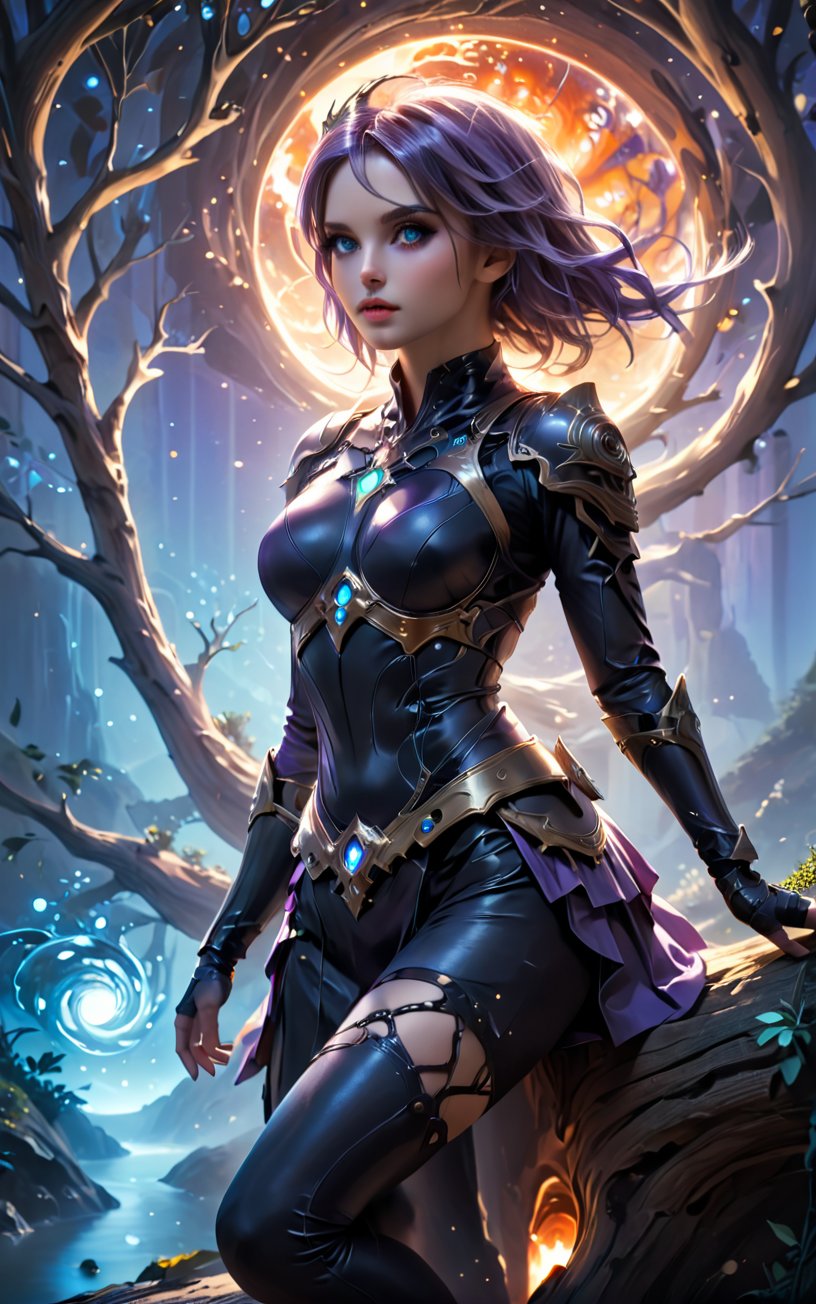 Yorha No. 2 Type B sits serenely on the gnarled branch of an ancient tree, her slender legs dangling in mid-air as she gazes out at a fantastical landscape. Her detailed body, adorned with intricate machinery and scars, is bathed in warm golden light, while her full-body armor glows with a soft blue hue. Her hands, delicate and mechanical, rest gently on the branch as her piercing green eyes seem to hold the secrets of the world. The background, a swirling vortex of purple and orange hues, pulses with an otherworldly energy, set against a deep blackness that seems to have been pulled into the ultra HD frame.
