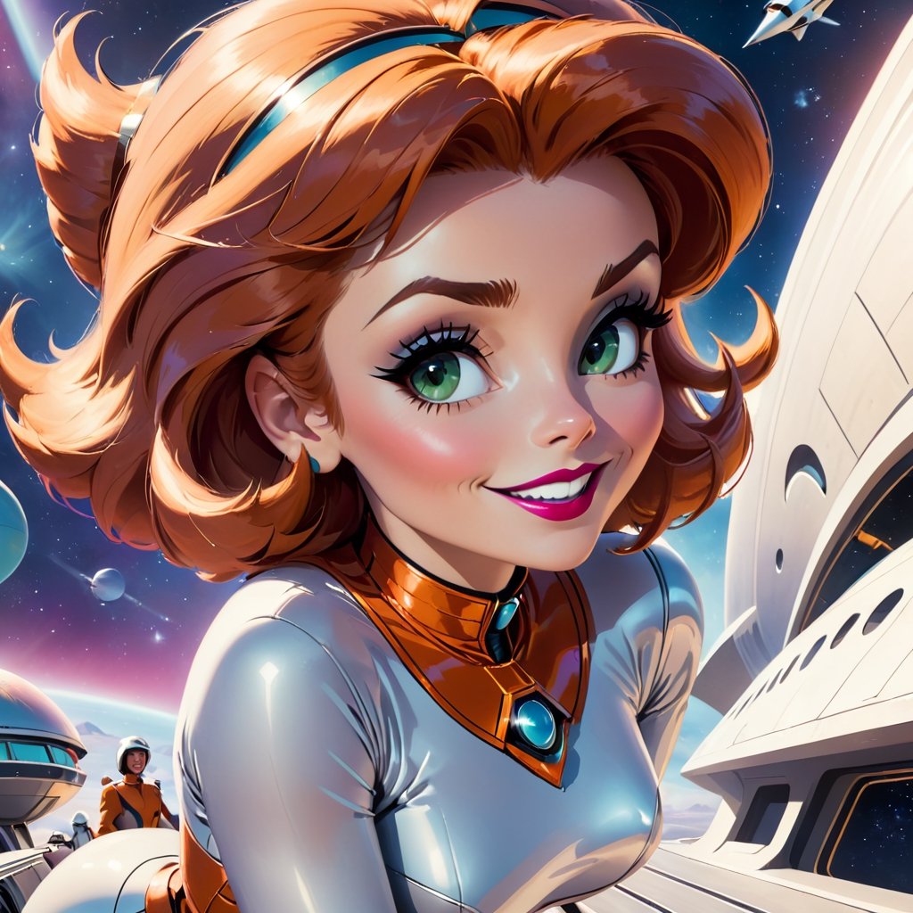 Judy Jetson-style woman at a retro spaceport: Donning futuristic attire, boarding a sleek spaceship for an intergalactic voyage. (Camera: Close-up shot focused on Judy, showcasing her excitement for the space adventure.)