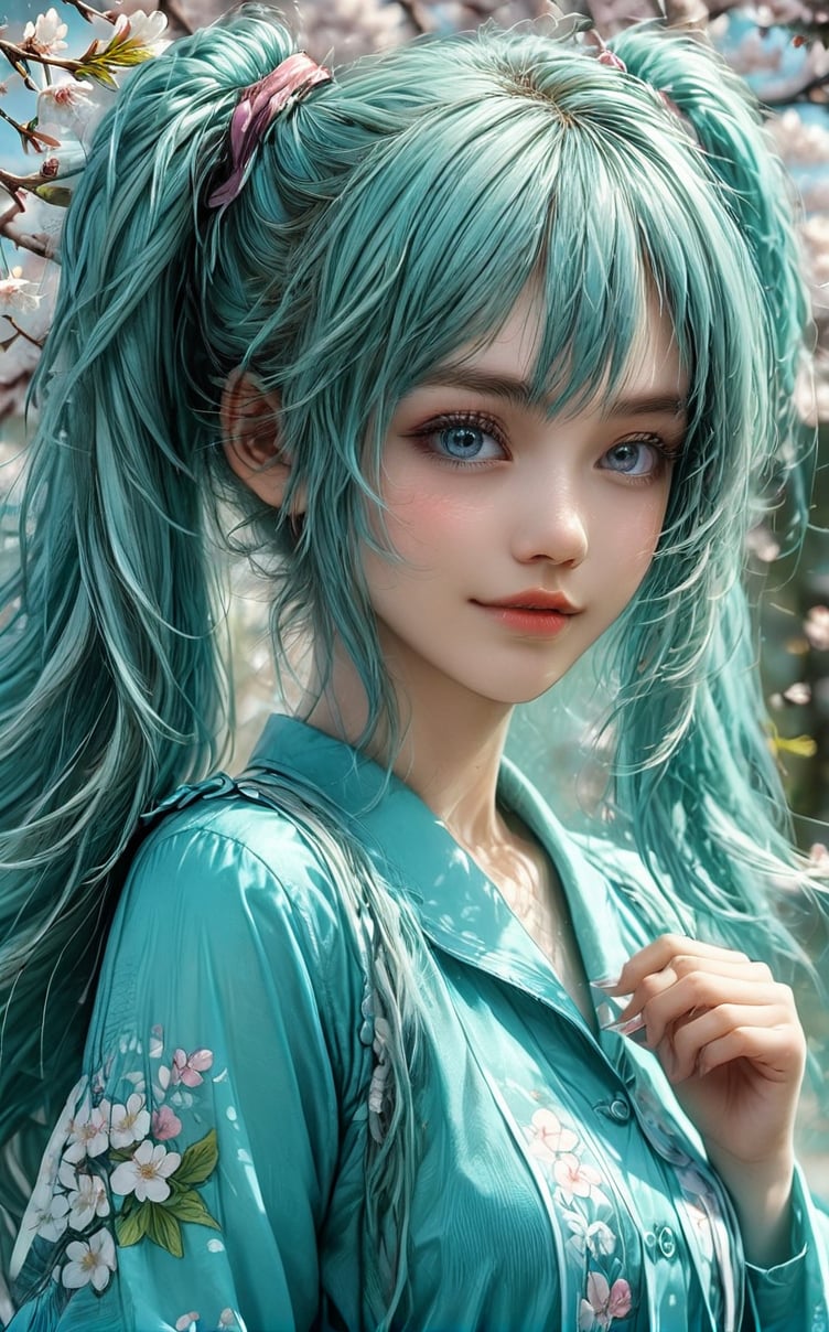 hatune miku, aqua hair, twin tails, ((ultra-detailed)), ((illustration)), ((disheveled hair)), (beautiful detailed eyes), beautiful, amazing, detailed eyes, smile, waving, ((in spring, cherry blosssom)), isometric, Character sheet, clothes sheet, , 