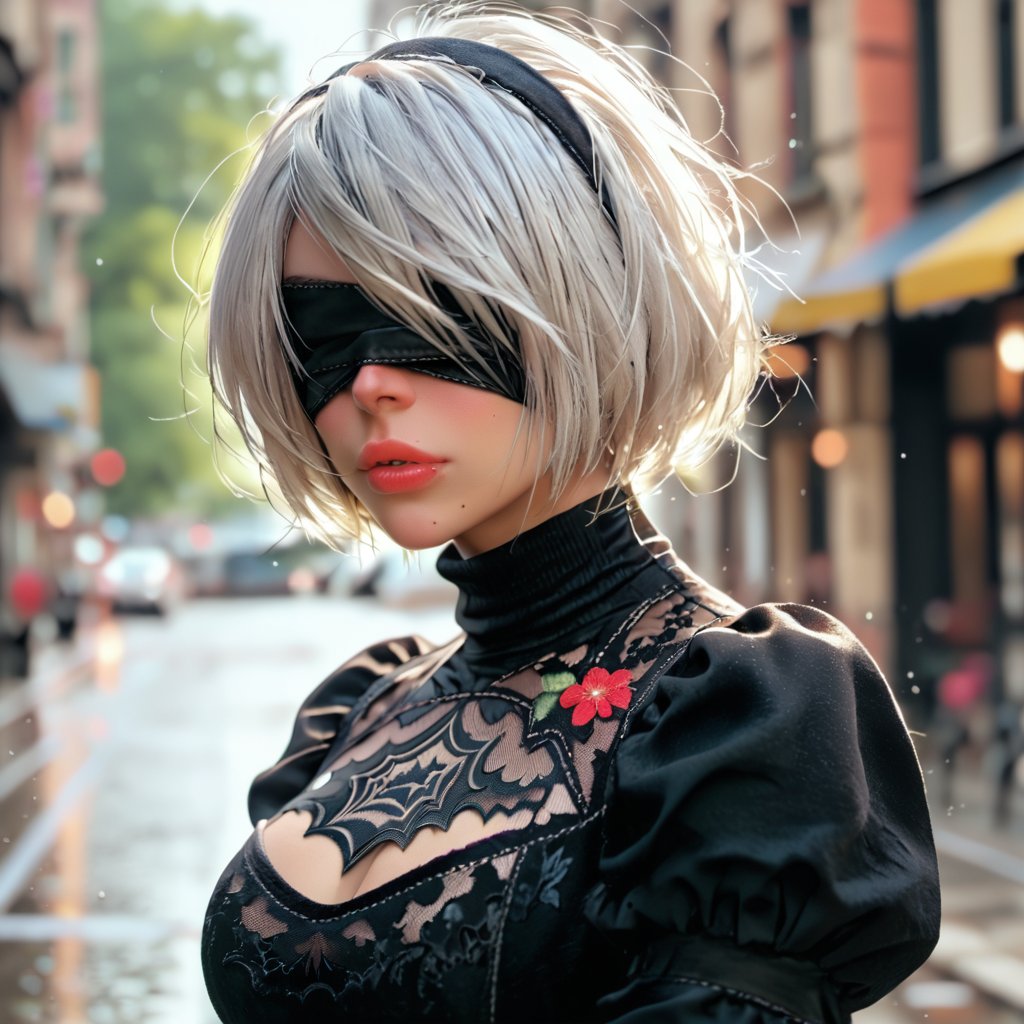 1girl, solo, short hair, dress, upper body, flower, white hair, hairband, parted lips, mole, blurry, black dress, lips, turtleneck, black hairband, mole under mouth, facing viewer, black lips, nose, blindfold, covered eyes, black blindfold, yorha no. 2 type b