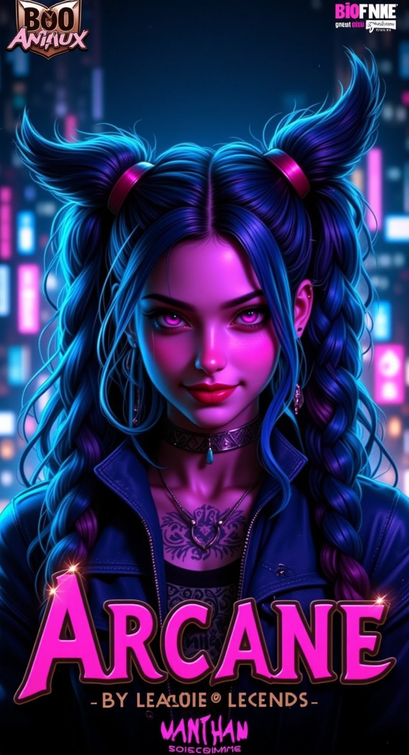 Design a movie poster with a fantasy theme inspired by Arcane from League of Legends. The poster should be dramatic and visually compelling, vibrant and striking. Feature a detailed close-up of Jinx’s face and shoulders at the forefront, showcasing her with a manic, mischievous smile, pink eyes and blue long braided hair. Behind her, create a dark cityscape background illuminated with neon lights. Place the title Arcane prominently in large, bold, fantasy-themed font at the bottom of the poster. Ensure the title is eye-catching and aligns with the epic tone of the design. Add the subtitle “by League of Legends” in a very small, yellow font with shadows, situated just below the main title. Incorporate the label (((("BOOFLUX")))) in red and white, in a smaller, modern font in one top corner of the poster, making sure it’s visible but does not overshadow the main title,REALNIME, QTGIRLREAL,ILLUSTRANIME