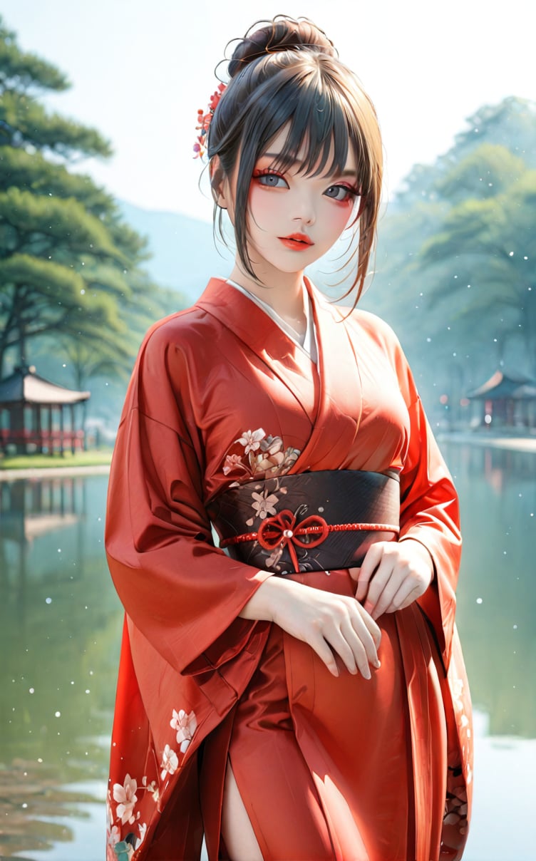 Very beautiful and elegant girl in kimono, asian park in background, attractive asian makeup, digital art, professional style, front view, pretty detailed, detailed image, detailed skin, ((medium shot image)), blush, extremely beautiful woman, ((masterpiece quality: 2)), light particles, attractive image, reflections,