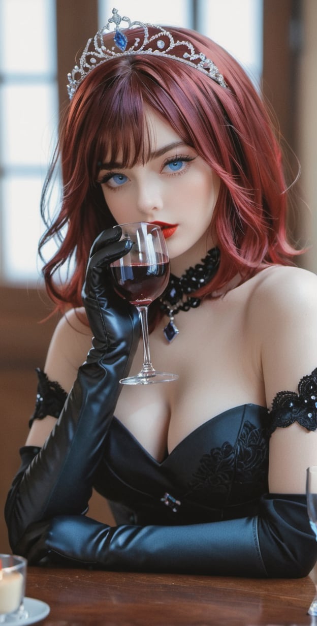 1girl, solo, (((breasts, blue eyes, gloves, holding, hair between eyes, bare shoulders, purple hair, red hair, elbow gloves, white gloves, blurry, cup, looking to the side, blurry background, table, tiara, alcohol, drinking glass, red lips, wine glass, wine, rosaria \(genshin impact\)))