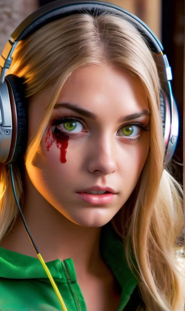 1girl, (masterpiece), best quality, expressive eyes, perfect face, long blonde hair, green eyes, brown eyebrows, moles under eye, ((headphones on the girl's head)), clothes: 0.7, ((horror)), ((blood)), ((blood on the face)), the world of illusions, details:1.5, darkener: 1.5, upper body, ((Halloween)), ((gold))