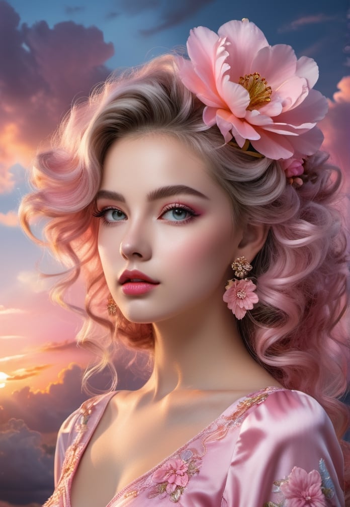 a woman in a pink dress with a flower in her hair, sunset and big clouds behind her, pink cloud hair, detailed art in color, glowing porcelain skin. light open eyes.
