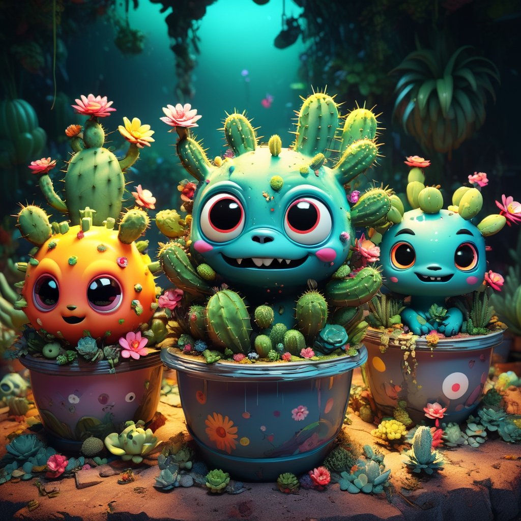 by Pixar Concept Artists, by Ed Roth, by Jeff Koons, by Brandon Woelfel, by Ryohei Hase, by Shawn Coss, by Banksy a group of three potted plants sitting on top of each other, concept art, trending on polycount, pop surrealism, cactus and flowers, portrait of a cute monster, glowing flowers, ultra realistic concept art, spores, vibrant fan art, vinyl toy figurine, digital art emoji collection, gloomy mood, official character art, threes, official artwork ultra hd, realistic, vivid colors, highly detailed, UHD drawing, pen and ink, perfect composition, beautiful detailed intricate insanely detailed octane render trending on artstation, 8k artistic photography, photorealistic concept art, soft natural volumetric cinematic perfect light
,3d toon style