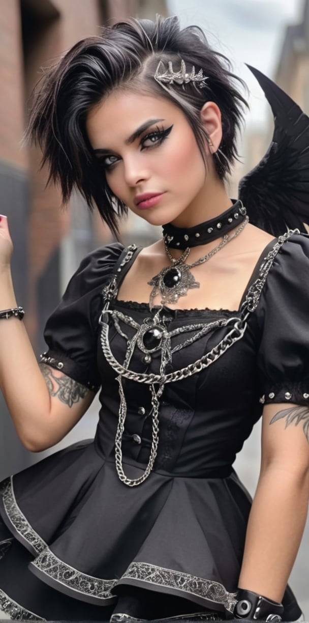 A punk-rock angel with dark wings and anime-style eyes, sporting a Victorian-era dress with spikes and chains. Her short, spiky black hair is adorned with silver studs and ribbons,Gothic-chic style