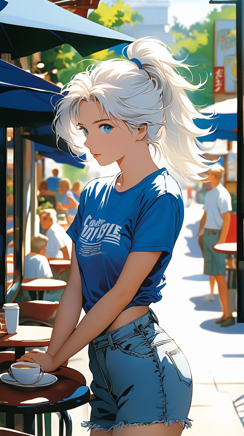 ponytail, white hair, blue eyes, t-shirt, standing, Sleeping, Fair skin, outdoors, cafe, looking at viewer, 1990s (style)