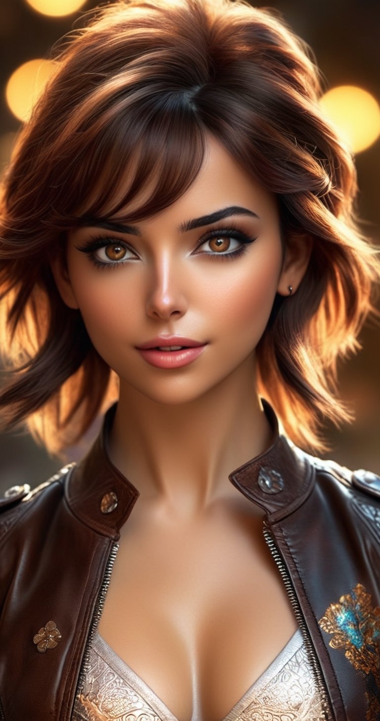 Beautiful sexy woman, in a leather jacket, gorgeous, clean face, intricate work of magical art, movie poster, in cgsociety trends, complex, epic, from Ilya. very detailed bright, staged rendering of the character, super high quality model, beautiful face, background in style bokeh Extraordinary, Phenomenal, Remarkable, Aesthetic, Artistic, Enchanting, Sophisticated, Beautiful, Gorgeous, Exquisite, Breathtaking, ((masterpiece)), (((best quality))), ((ultra detail)), UHD, 8K, (((high definition))), ((illustration)), ((extremely realistic)), ( reflections), sharp focus, front lighting, intense shadows, ((beautiful extremely detailed eyes)), eyelashes, (extremely delicate and beautiful girl), ((brown eye color)), wavy hair, ((extremely detailed eyes)), medium chest, shiny skin, damp skin, sweaty skin, cinematic lighting mask, ray tracing, depth of field, dynamic angle, looking at viewer, (difficulty 1.4), ((macro, shooting, detail, face, eyes, nose, lips, eyebrows)), ((extremely detailed and realistic skin texture)), ((extremely detailed and realistic eye texture)), ((extremely detailed and realistic finger texture)), ((extremely detailed and realistic clothes)).