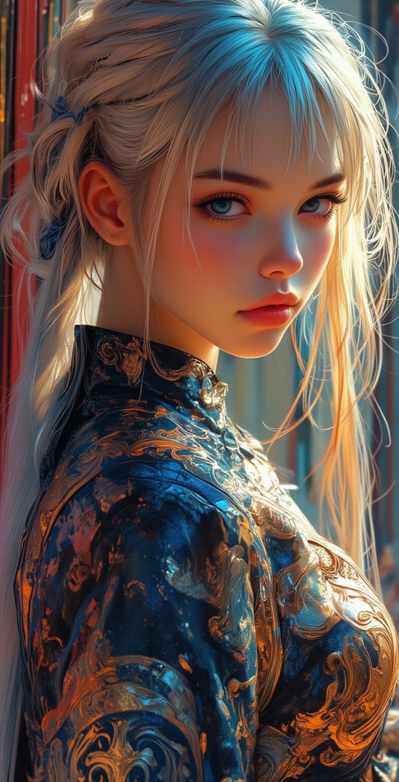 abstract photorealistic ink image in vivid, surreal colour gradient, closeup side portrait of korean woman wearing fantasy leather and bronze plate armour, long bleached hair, bangs  ,illustr3alFlux,ILLUSTRANIME,REALNIME