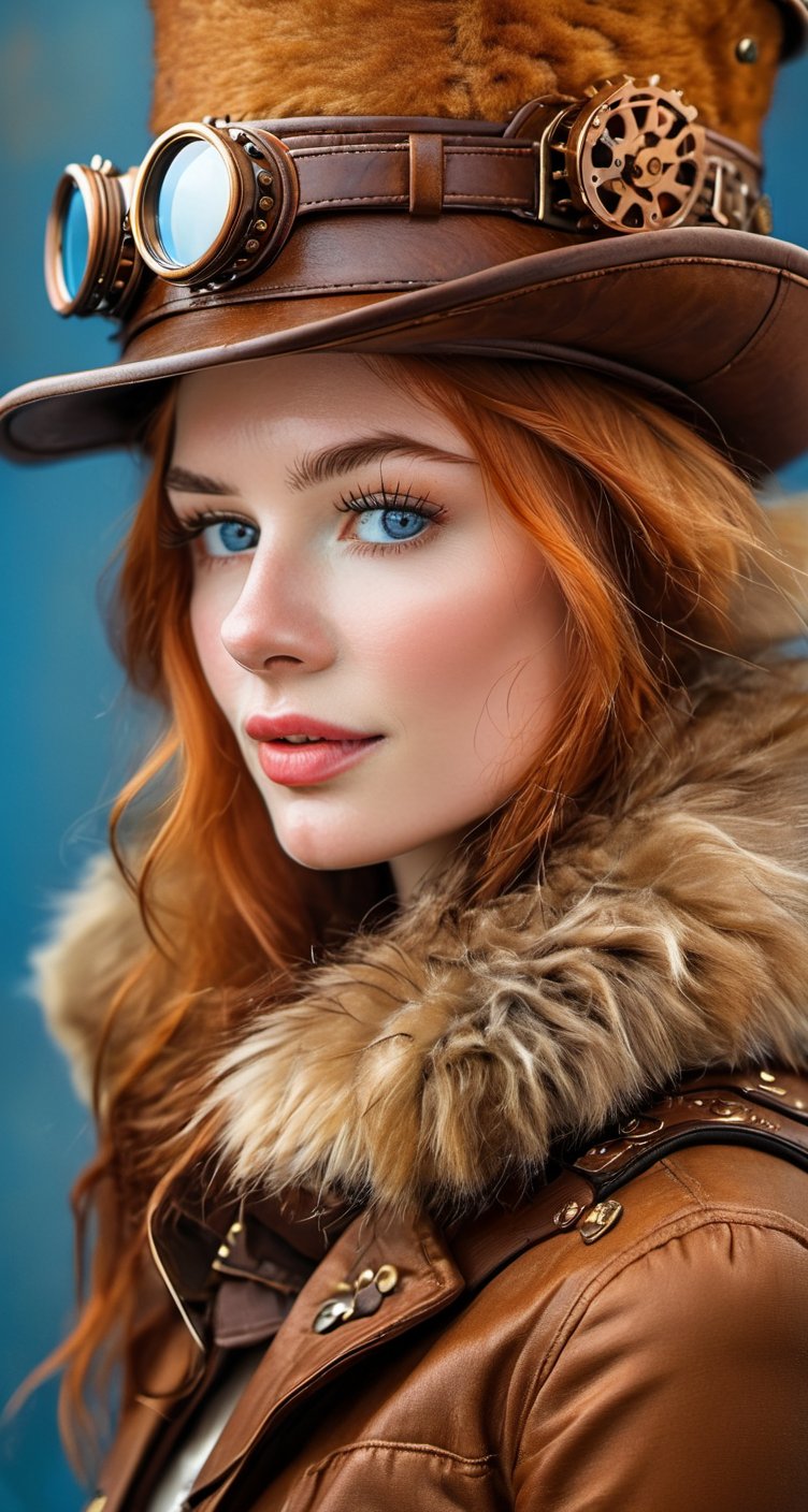 A photorealistic headshot of a young woman with superpale skin, her head adorned with a large, luxurious brown fur hat modified with intricate brass gears and goggles perched atop. Her matching fur arm warmers are accented with copper rivets and buckles. Her piercing blue eyes stare confidently from beneath her hat. The background is a warm, textured copper. * **Emphasis:** Integrate steampunk elements into the hat and arm warmers. Choose a textured background like copper or aged wood.