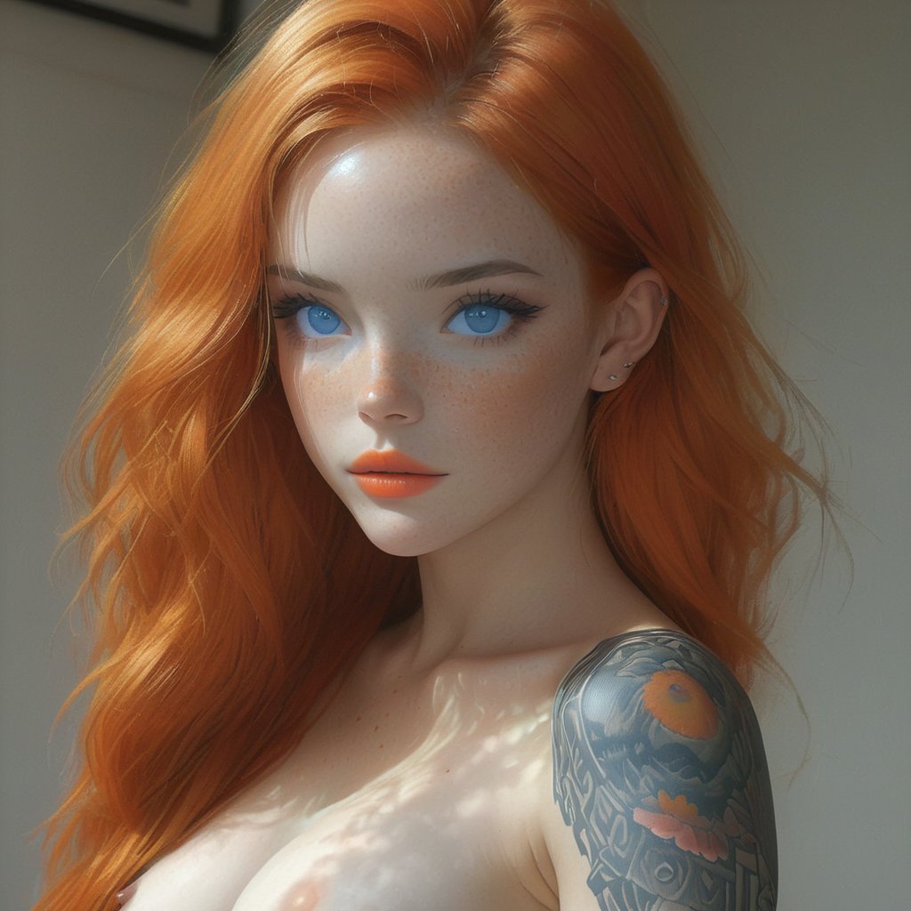 1girl, solo, (((long hair, looking at viewer, blue eyes, nude, indoors, orange hair, lips, tattoo, freckles, realistic)))