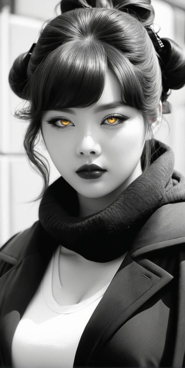 ,,Thick Waifu,smoking, cigarette,monochrome, sketch, greyscale,Himiko 1 girl solo bags under the eyes, yellow eyes