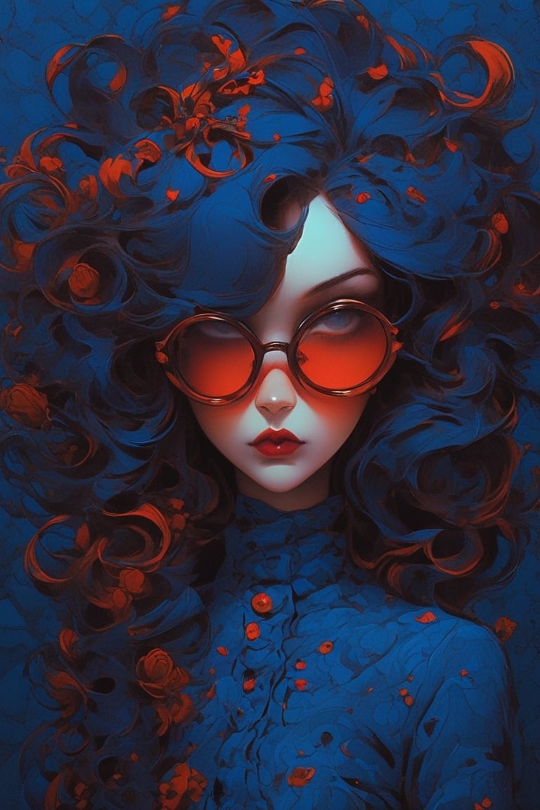 cartoon girl with glasses, blue, in the style of natalie shau, dark orange and red, junya watanabe, bill gekas, exquisite detail, psychedelic manga,