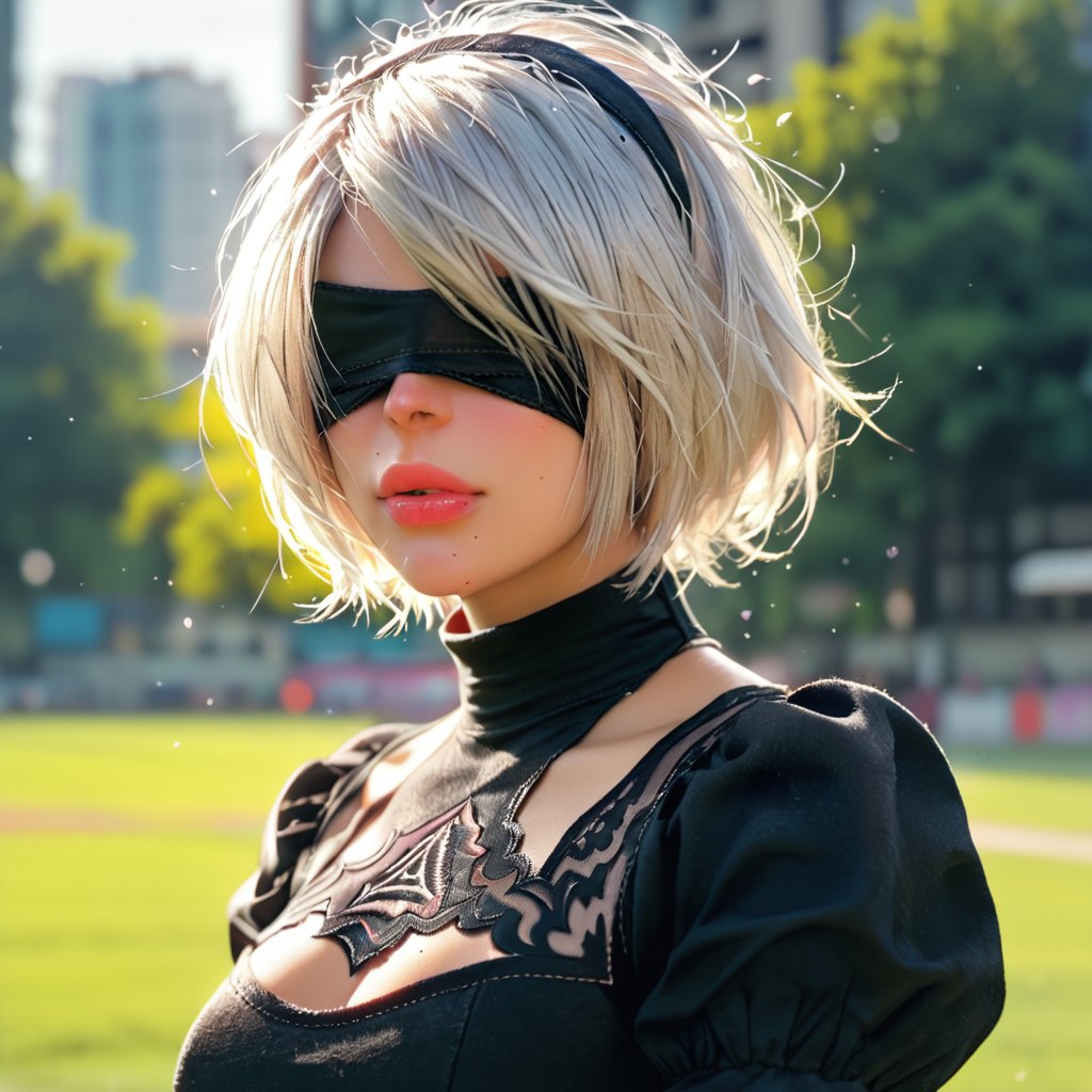 1girl, solo, short hair, dress, upper body, flower, white hair, hairband, parted lips, mole, blurry, black dress, lips, turtleneck, black hairband, mole under mouth, facing viewer, pink lips, nose, blindfold, covered eyes, black blindfold, yorha no. 2 type b