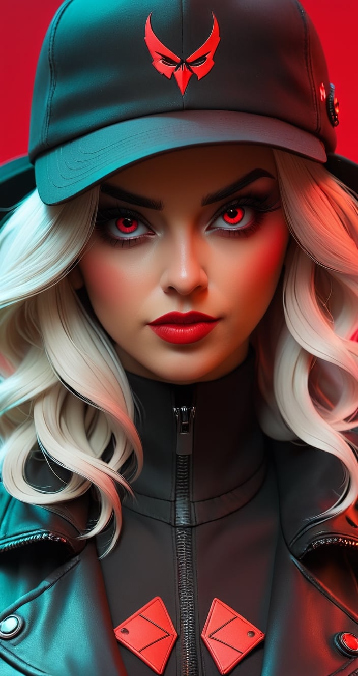 a close up of a person wearing a hat and a jacket, with red haze, villainess, cyberpunk vibes, dark natasha, on a red background, has cyberpunk style, cyberpunk 2077”, she wear red eyed gasmask, cyberpunk 2049, cyberpunk 2 0 4 9, cyberpunk girl, cyberpunk femme fatale, style of cyberpunk