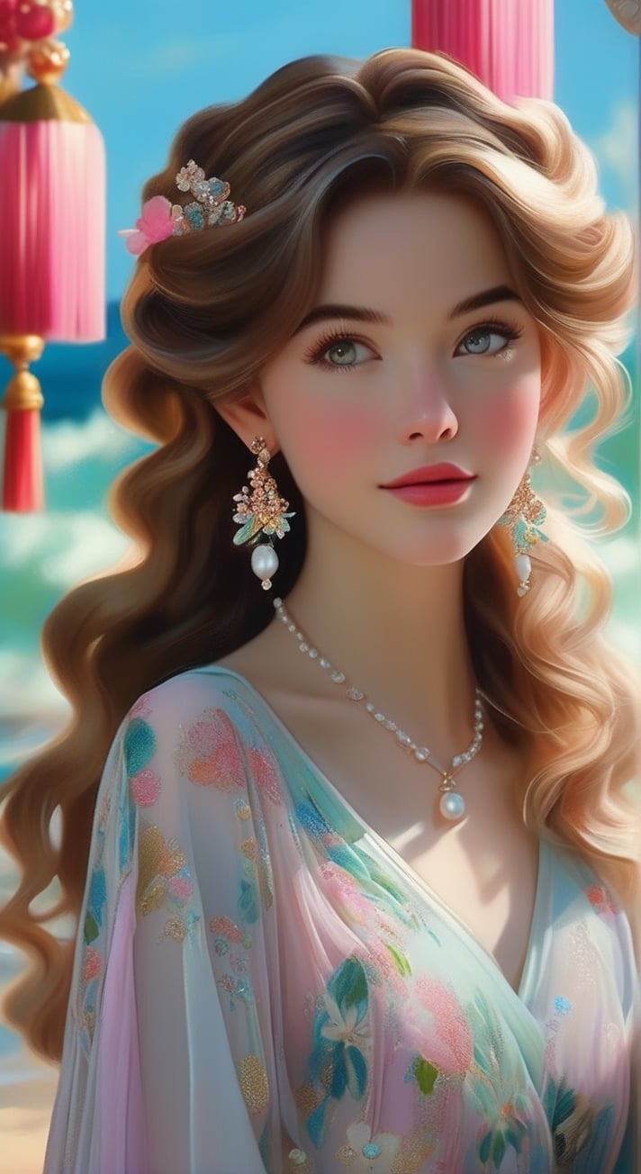 A charming and charismatic movie character, Disney style, with natural makeup, oil painting by Naomi Okubo, soft hazel eyes, gentle pink lips, wavy chestnut hair, delicate pearl drop earrings, a dainty pendant, tousled beachy hairstyle, elegant Song dynasty ornament, lustrous silver fiber, a diamond feature, and a flowy chiffon gown