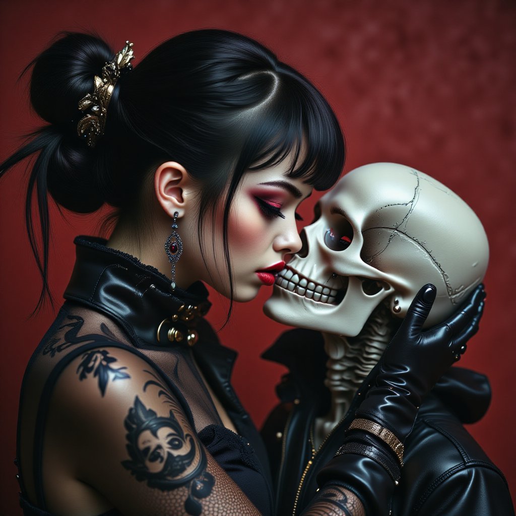 an image of a woman kissing a skull, in the style of andreas rocha, japanese-inspired art, gothic references, strong sense of realism, gray and crimson, anime-inspired character designs, black and white portraits,BOOREAL2,FluxGothicRealnime