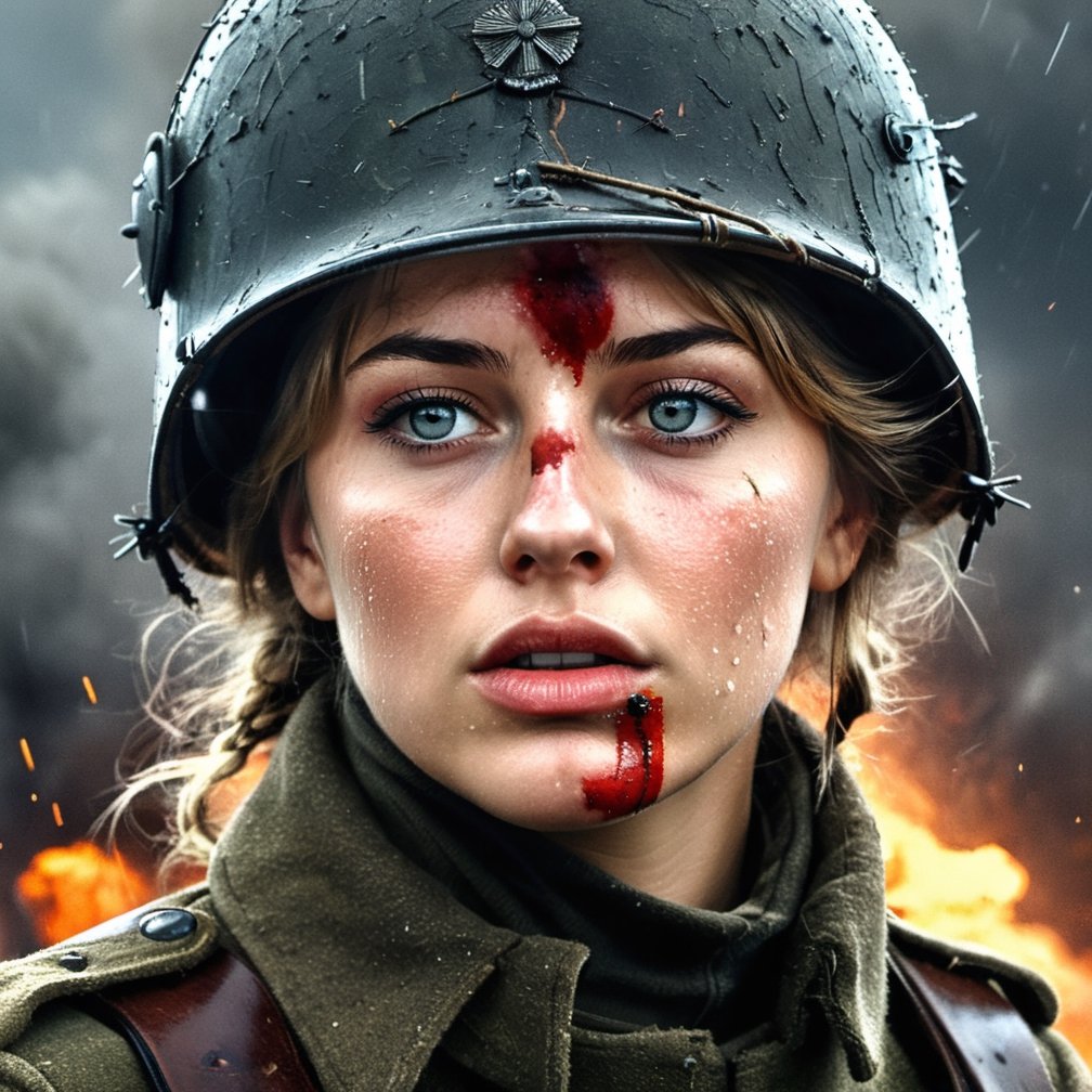 German woman Soldier, World War one, closeup, tired face, tired, exhausted, raining, battlefield, explosions, bullets flying, airplanes bombarding, airplanes, barbed wire, ultra realistic, 4k, intricate details, highly detailed, photoreal), Neon Digital Art, Minimalist Style, Movie Grain, Bloom,more detail XL,Real