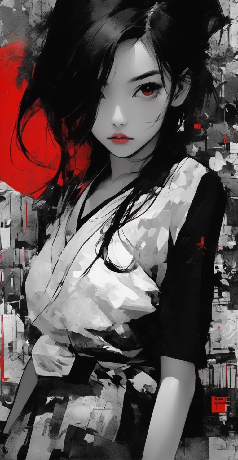 aesthetic, 2 tone, black and white, simplified shapes, figurative, style mix of acrylic painting, watercolor, oil painting, photography, digital art, brush strokes, dark red color pop, a gorgeous young asian girl, highly detailed , ultra detailed, very intricate, low poly, abstract surreal, Kanji , Katakana , niji style, graffiti style, comics style, anime style
,real_booster