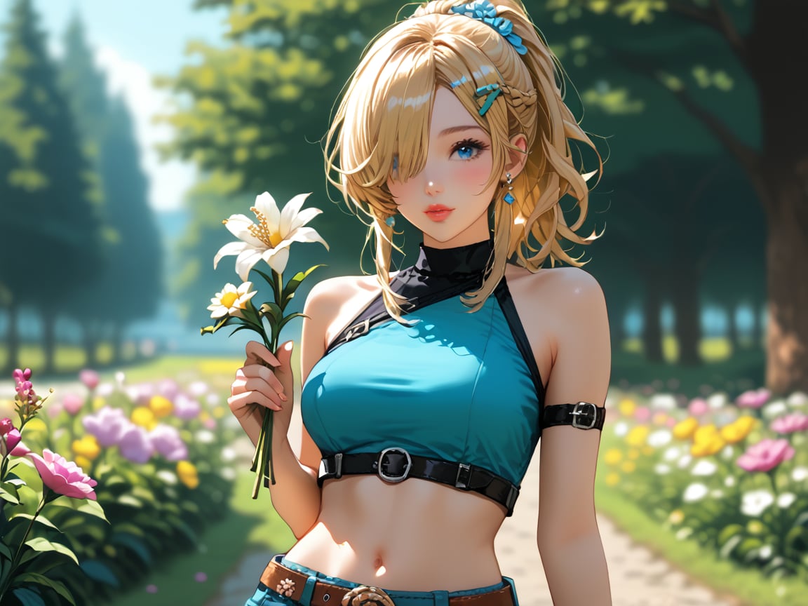 1girl, solo, (((breasts, blue eyes, blonde hair, hair ornament, navel, holding, bare shoulders, ponytail, flower, outdoors, hairclip, midriff, belt, hair over one eye, blurry, lips, crop top, blurry background, holding flower)))