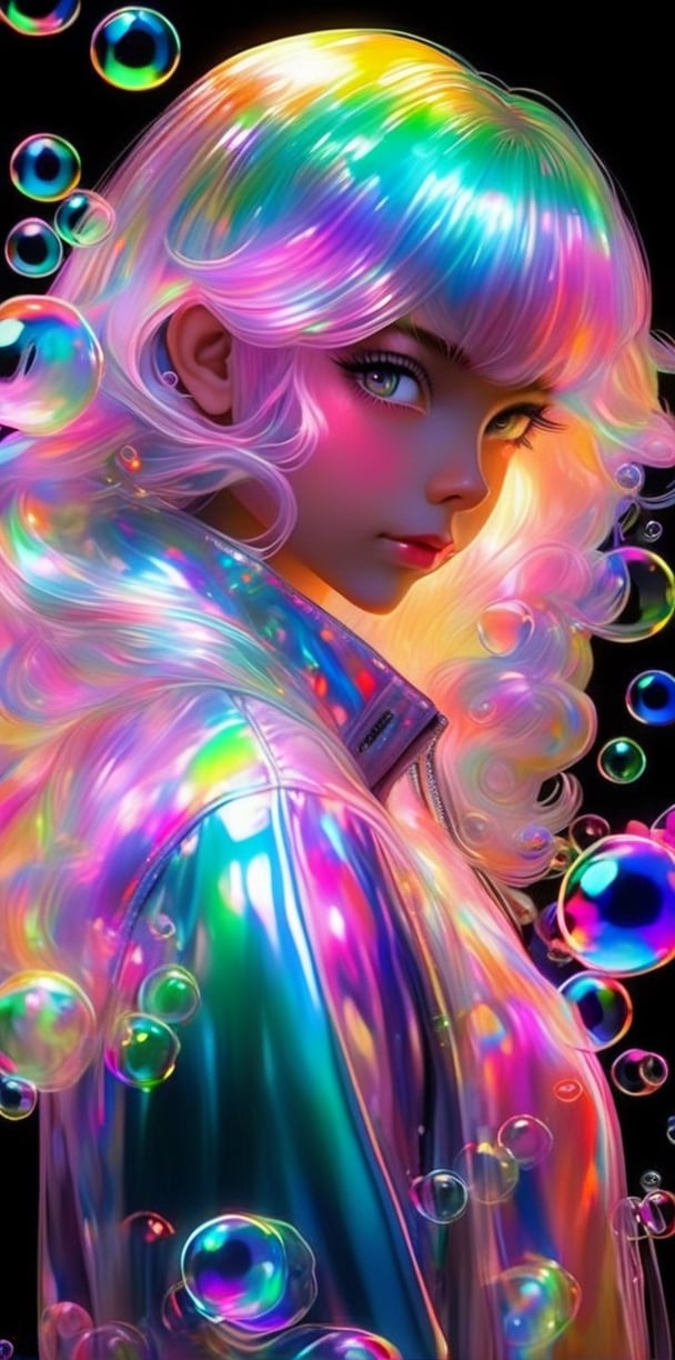 girl, anime, looking at viewer, bubbles, highly detailed, reflective transparent iridescent opaque jacket, long transparent iridescent RGB hair