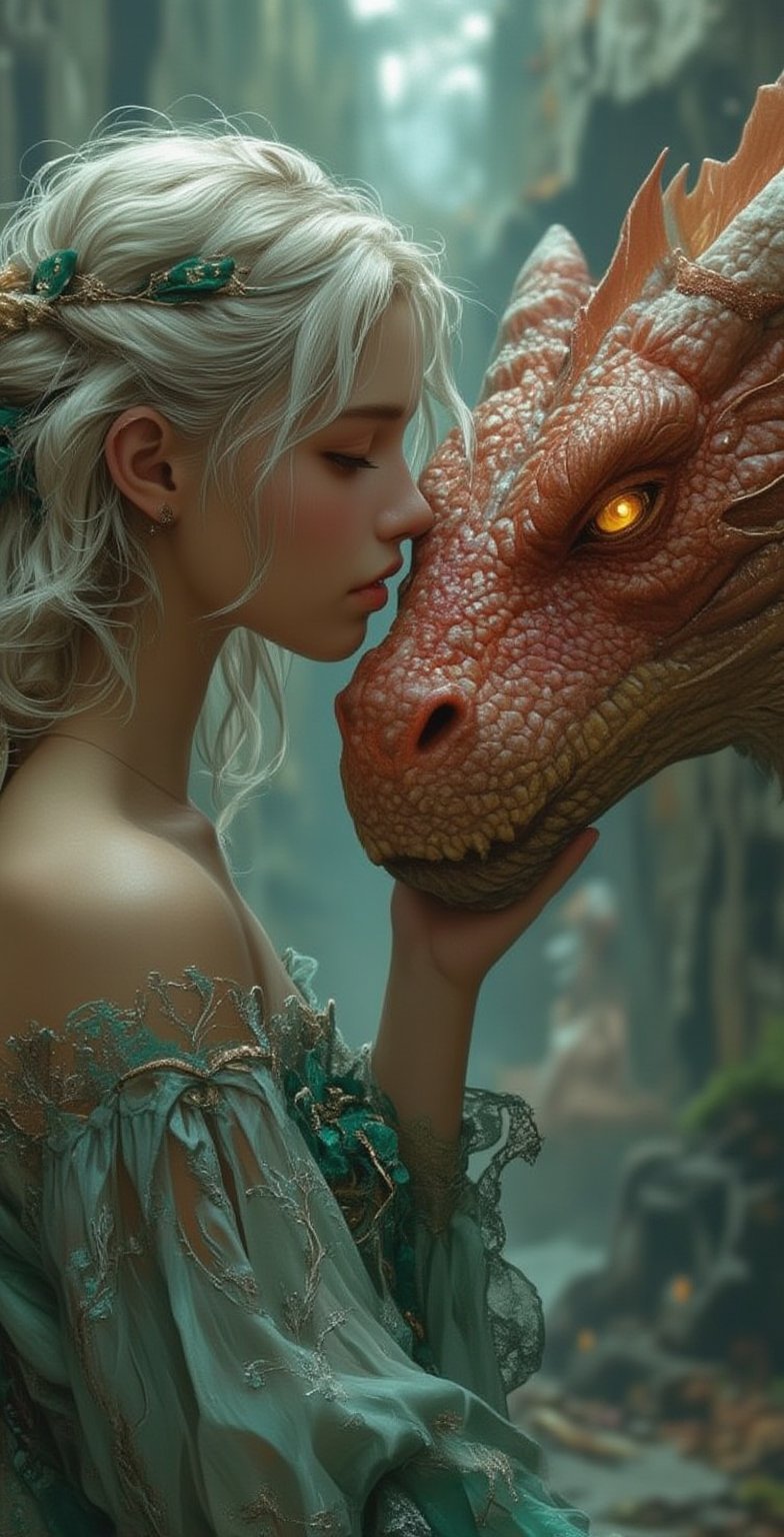 A close-up fantasy photograph captures an intimate moment between a woman and a dragon in a mystical forest setting. The woman, shown in profile view from the left, has long, wavy platinum blonde hair cascading down her back and shoulders ,adorned with a emerald green floral bow, wearing dressed in a semi-transparent, long-sleeved dress in a soft cyan hue with delicate lace trim around the cuffs and subtle vertical pleats along the sleeves, elaborate gold, silver, embroidery creating a flowing, ethereal effect ,Her hand is gently touch the dragon's face, The dragon, positioned on the right, has a highly detailed scaly texture with varying shades of crimson and dark peach. Its head is tilted towards the woman gently touch her forehead, with its eyes glowing amber yellow, creating a mystical connection. The dragon's face is stern and fierce, with prominent scales and a rugged texture ,The background consists of a blurred, ethereal forest with soft, dappled light filtering through the trees, creating a dreamy, otherworldly atmosphere. The lighting is soft and diffused, emphasizing the intimate moment between the woman and the dragon while casting gentle shadows. The overall color palette includes dark peach, pale blonde, emerald green, amber yellow, and charcoal gray, contributing to the enchanting and mystical mood of the scene. The composition focuses on the interaction between the characters, creating a powerful and magical connection that draws the viewer's attention to their shared sad moment,  illustr3alFlux,ILLUSTRANIME,REALNIME