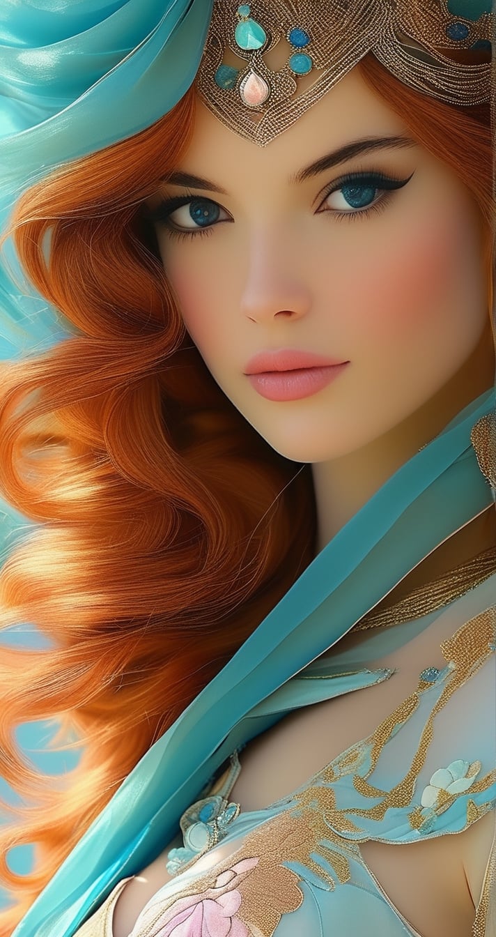 The Renaissance, close up shot of Italian classical girl, solo breast manga style, in flowy ethereal warrior garment, Kelly Sue Deconnick-inspired by Brandon Mably combined with Fashion photography, pastel palette, soft blue background 