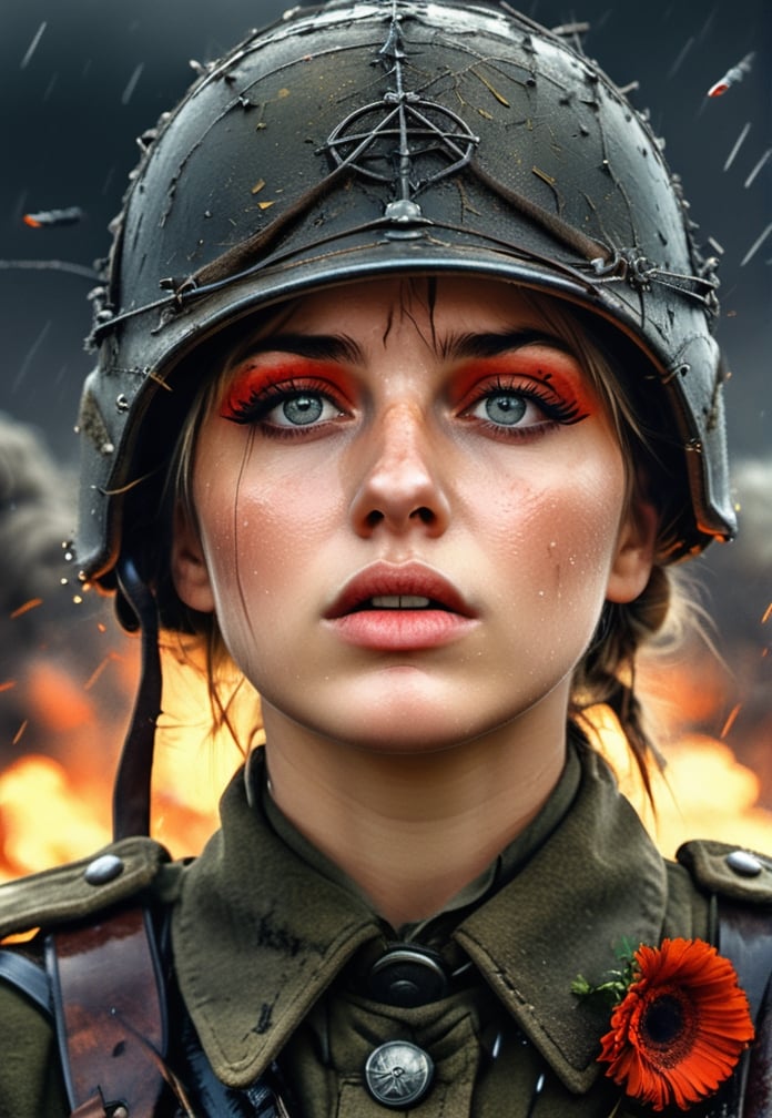 German woman Soldier, World War one, closeup, tired face, tired, exhausted, raining, battlefield, explosions, bullets flying, airplanes bombarding, airplanes, barbed wire, ultra realistic, 4k, intricate details, highly detailed, photoreal), Neon Digital Art, Minimalist Style, Movie Grain, Bloom,more detail XL,Real