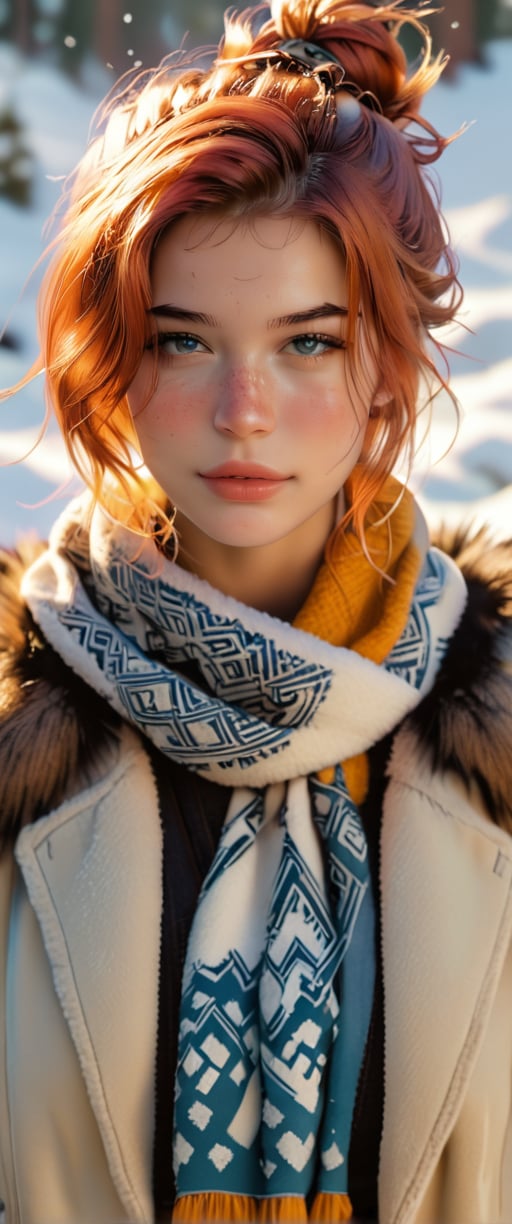 A high-resolution photograph of a woman with striking blue eyes and freckles, adorned in a vibrant mustard yellow headscarf with intricate floral patterns. The scarf wraps around her head and neck, adding warmth and color to the scene. Her auburn hair peeks out slightly, and she has a beautiful floral tattoo on her shoulder, which is partially visible beneath a textured, woolen garment. The background is a snowy, winter landscape with a soft, blurred effect that emphasizes the subject. The lighting is natural and soft, enhancing her delicate features and the rich colors of her attire. The overall mood is serene and captivating, blending elements of cultural richness and natural beauty.
