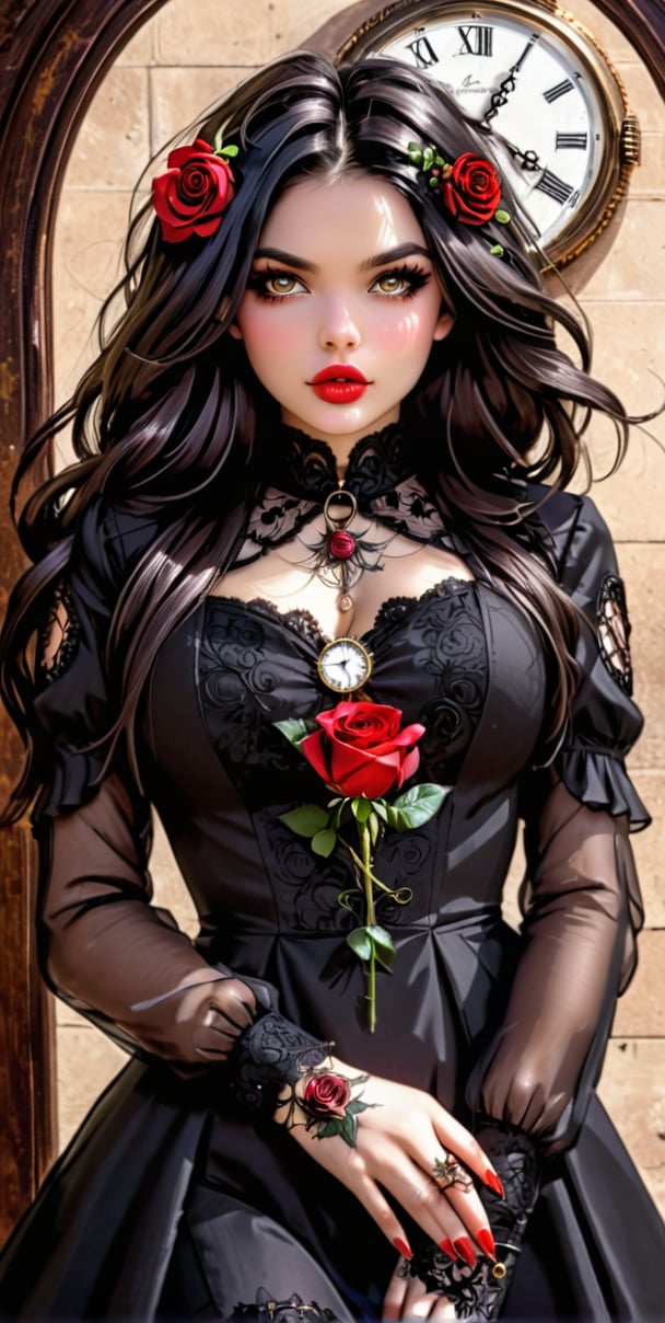 score_9, score_8_up, score_7_up, score_6_up 1girl, solo, long hair, black hair, hair ornament, long sleeves, dress, jewelry, upper body, flower, hair flower, nail polish, lips, rose, ring, clock, pocket watch, gothic, roman numeral, steampunk