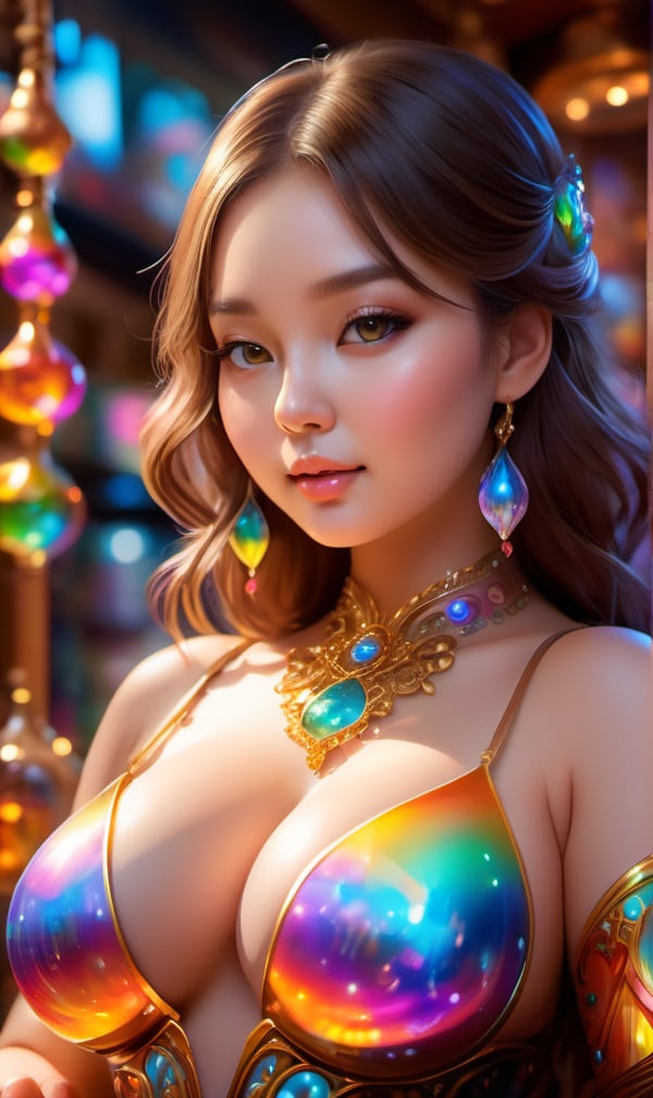 Colourful Cute curvaceous  woman neko fantasy alchemy vendor inside a magical item shop vivid colour god rays ray tracing glowing light iridescent intricate highres highly detailed, dripping paint