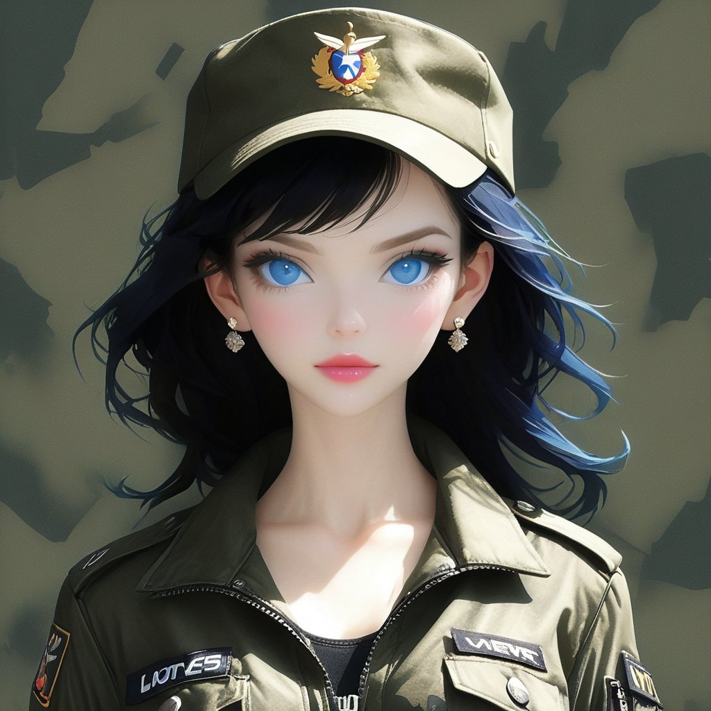 1girl, solo, (((looking at viewer, blue eyes, black hair, hat, jacket, upper body, lips, military, realistic, camouflage, camouflage jacket)))