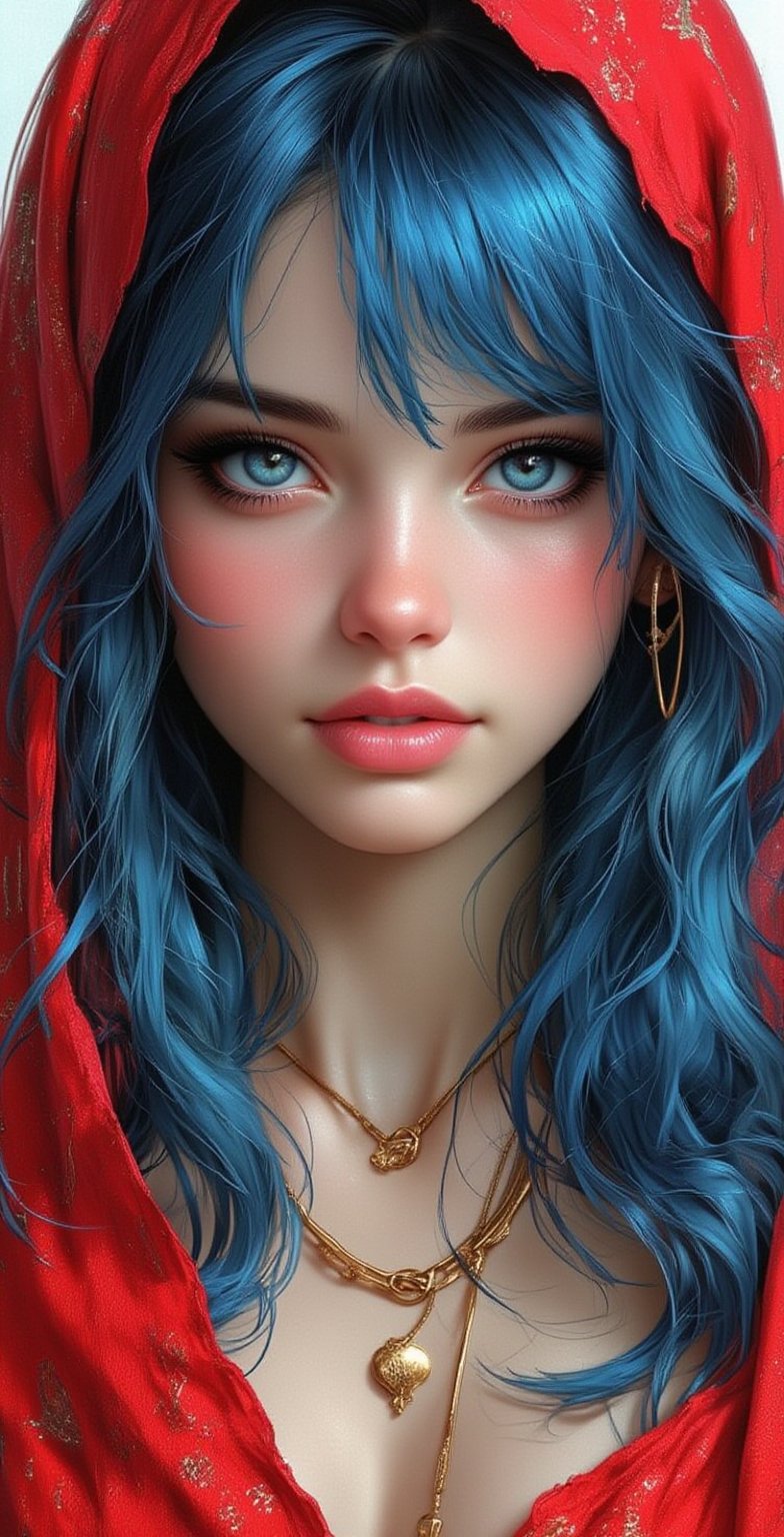 a vibrant blue haired woman with long, wavy blue hair is adorned with a gold necklace and earrings. Her eyes are a piercing blue, and her lips are a lighter shade of pink. Her hair is cascading over her shoulders, framing her face. The woman's head is encased in a red scarf, adding a pop of color to the scene. The background is a stark white, creating a stark contrast to her blue hair.,illustr3alFlux,ILLUSTRANIME,REALNIME