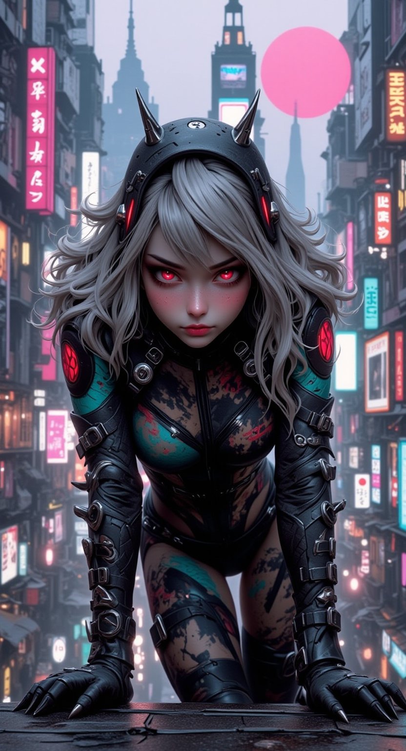 a futuristic female vigilante with short, flowing silver hair with long bangs. The character is in a low, crouched position, ready to spring into action, one hand touching the ground for balance atop a skyscraper with strong wind blowing in a bustling cyberpunk city. She is dressed in a black, armored carbon fiber suit with red, green and blue accents, featuring numerous straps and a hood with pointed tips. She wears black leather fingerless gloves, fake nails, nail polish.  Her glowing red eyes with slit pupils are visible through a sleek black mas. The background reveals a sprawling cityscape with neon lights, holographic advertisements, and towering buildings, with the crimson moon hanging low in the sky, casting an ominous glow over the scene. motion lines effect, anime screencap,extremely detail background consist of detailed building, environment, vegetation, sky, with sharp and precise detail, lossless detail, anime style,REALNIME, QTGIRLREAL,ILLUSTRANIME