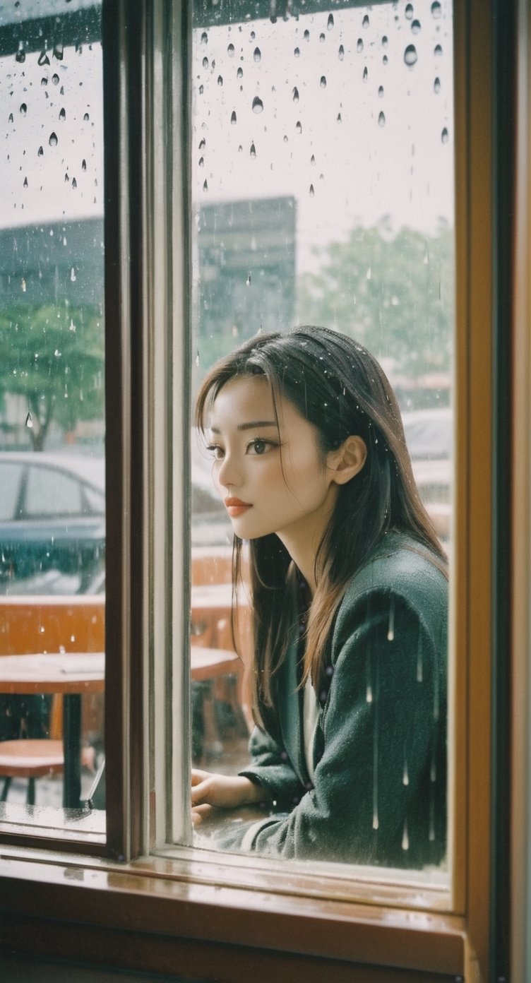  wide angle polaroid photo of a asian woman inside a cafe through a window. many raindrops on the window and very strong reflections on the window. she look far outside blankly. calm nostalgic atmosphere. film grain. kodak portra 800 film.