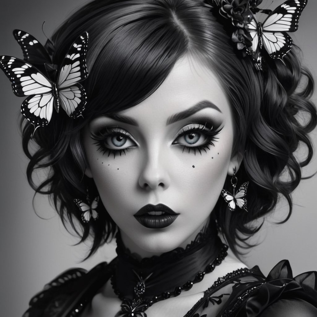 Create a hyper realistic monochrome photo of a goth woman from the hips up gazing in to the viewer soul.her mouth is covered by colourful butterfly while everything elese is in black and white, sentimental mood.,photo r3a