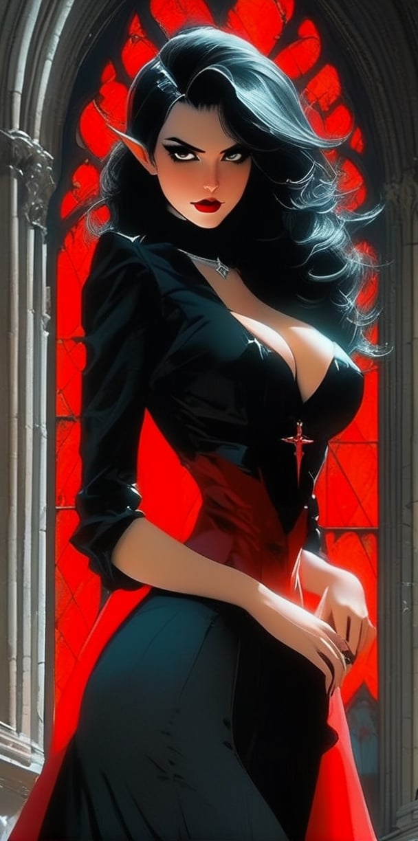 cinematic detailed illustrations of a vampiric girl in a cathedral background 1980s anime in the style of victoria goth, sexy body big breast realist detail, pulp comics, dark red