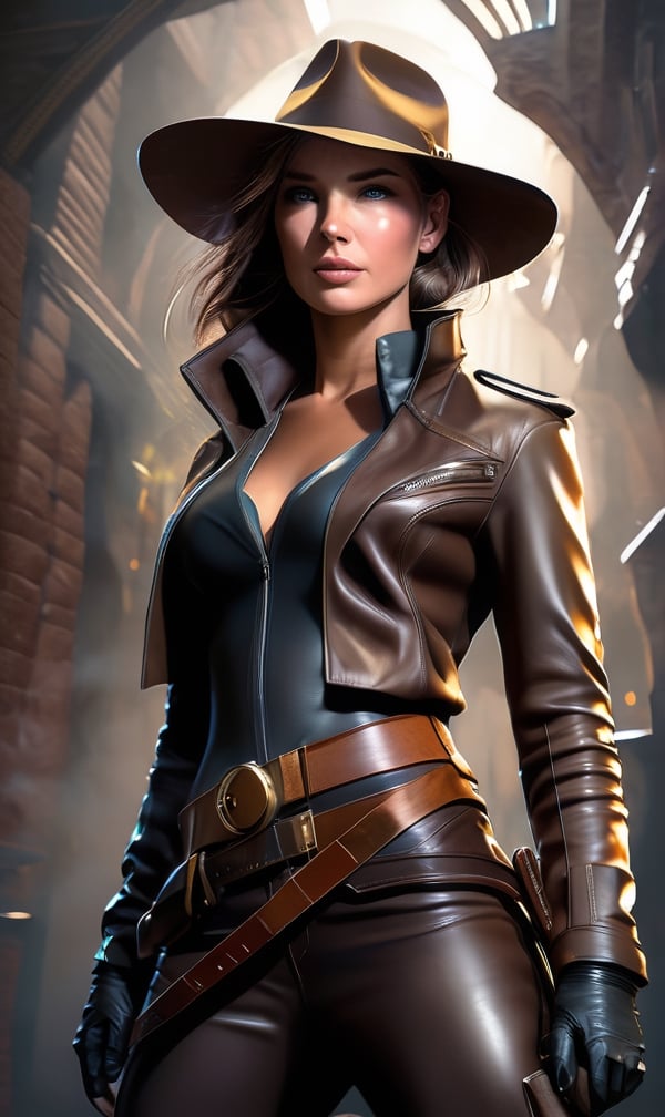 Realistic photo, Rule 63 Indiana Jones outside, long ponytail, novel cover, beautiful face, detailed eyes, open leather blouse, brown leather jacket, fedora, centered, rutkowski, WLOP, an ultra hd detailed photo, full body, wearing long tight brown real leathergloves witth 4 long fingers, leather harness, photo realistic, digital art, artgerm and james jean, ultra details, concept art of detailed character design, matte painting, intricate details, blade runner, Award Winning, Timeless artwork, Masterpiece, Genius, Worldclass, Extraordinary, Aesthetic, Beautiful, Stunning, Brilliant, cinematic, Dynamic, Cinematic lighting, inspirational, 32K resolution, HD, HQ, Vivid, Vibrant, Ultra detailed, photo realistic,