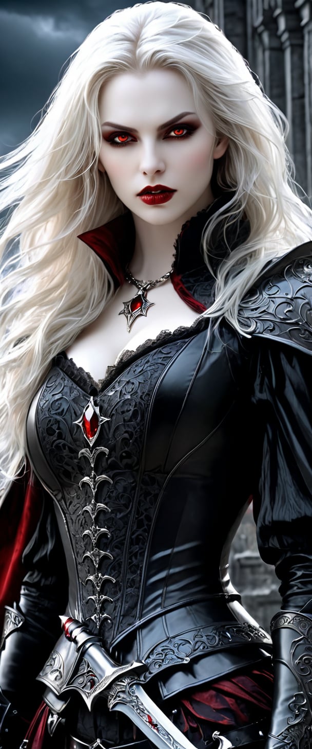 Arafed, dark fantasy art, gothic art, a picture of a vampire ready for battle, female vampire, armed with a sword, wewring heavy armor LnF, armed with a sword, shining sword, ultra detailed face (intricate detailed, Masterpiece, best quality: 1.4), pale skin, gloeing eyes, red eyes, ultra feminine, pale skin, dynamic hair, dark fantasy urban street (intricate detailed, Masterpiece, best quality: 1.4), moon light, star light, clouds